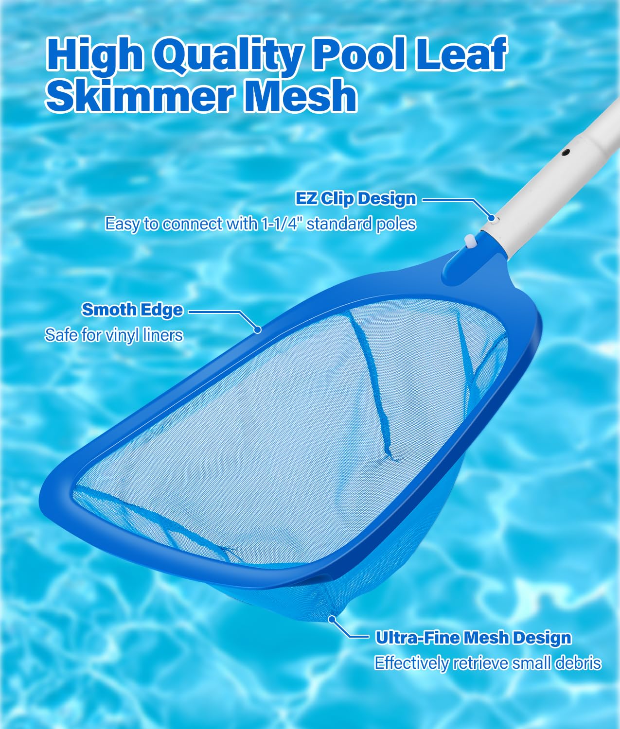 4-in-1 Deluxe Pool Cleaning kit, Pool Cleaning Tools -13.4'' Fine Mesh Skimmer Net with 10Ft Adjustable Pole, 17.3'' Swimming Pool Brush & Extra Brush Head for Cleaning Inground & Above Ground Pools