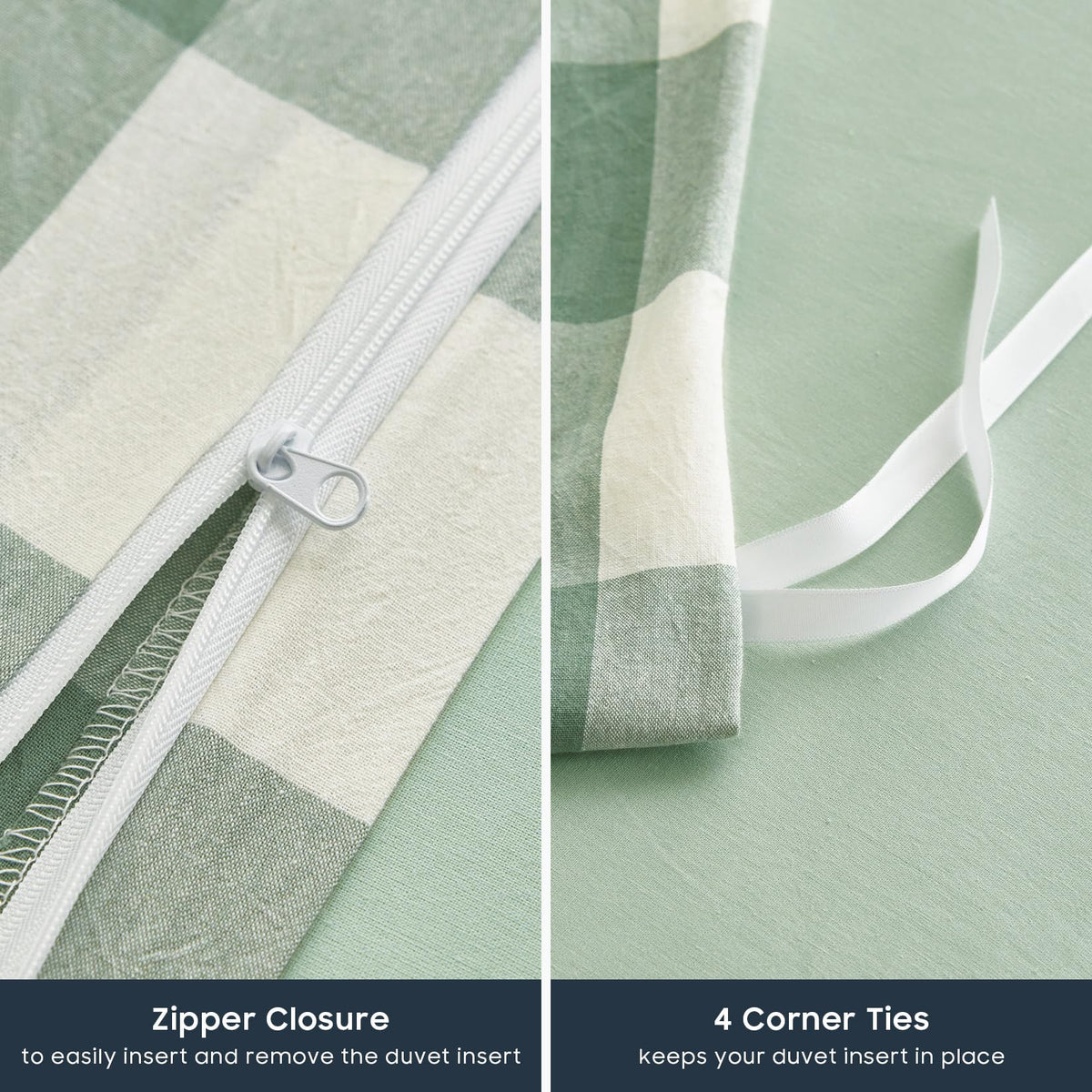 Wake In Cloud - Gingham Duvet Cover Set, 100% Washed Cotton Plaid Buffalo Check Checkered Geometric Farmhouse Bed Bedding with Zipper Closure, 3 Pieces, Green White, Queen Size