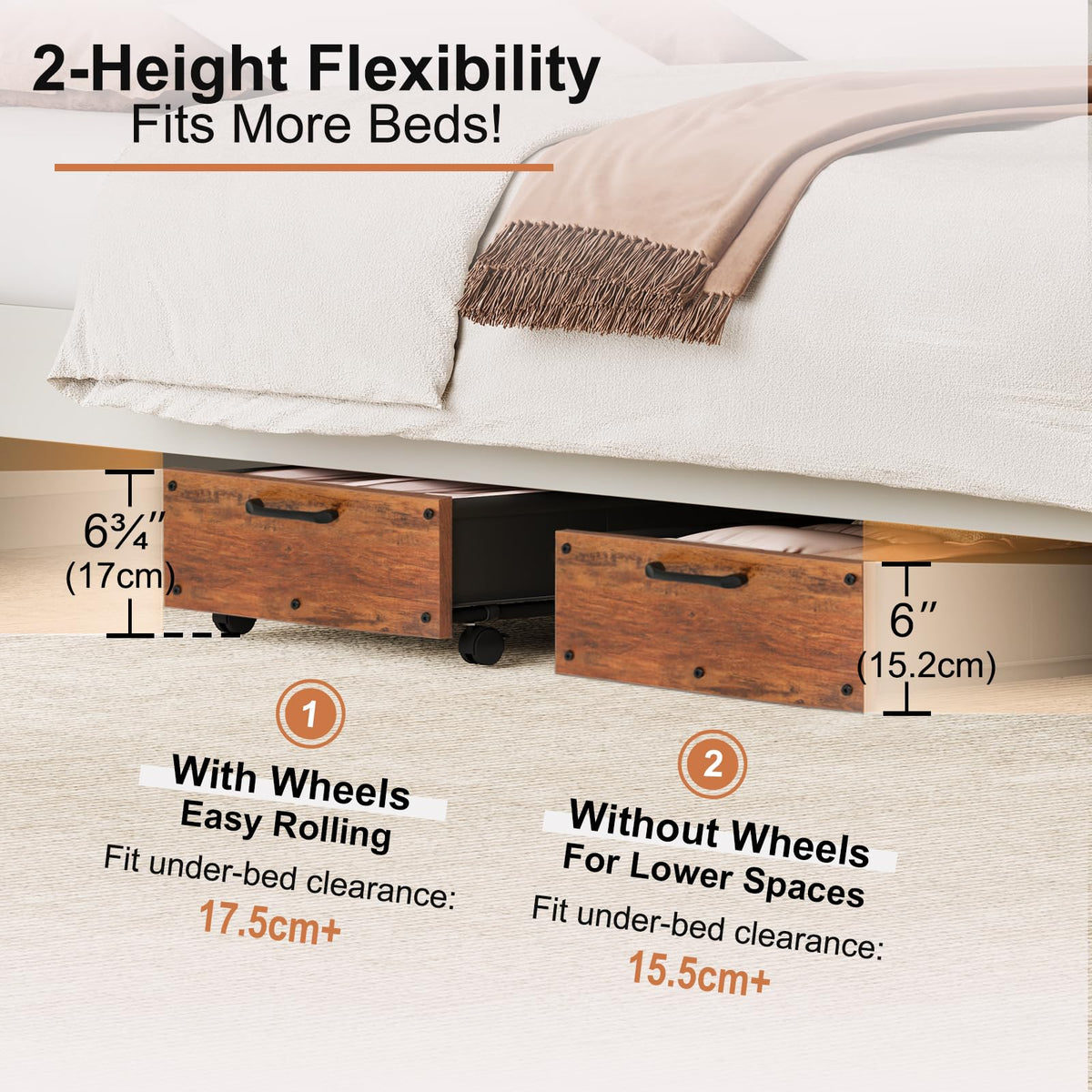 2 Pack Wood Under Bed Storage with Wheels-55 L/pc, Large Storage Containers for Clothes, Blankets Under Bed Shoe Storage Organizer, Easy Rolling Wooden&Metal Drawer ZIMICRO