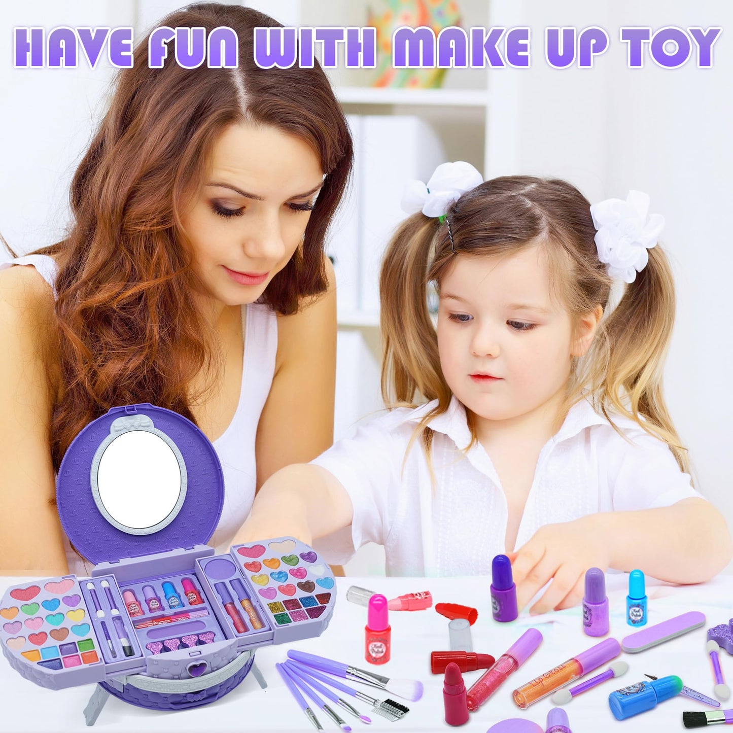 Kids Makeup Kit for Girl - 66 PCS Makeup for Kids with Dresser Vanity Case, Washable and Safe Girls Makeup Sets Ages 3-12, Christmas Birthday Gifts Toys for 4 5 6 7 8 9 Year Old Girl(Purple)