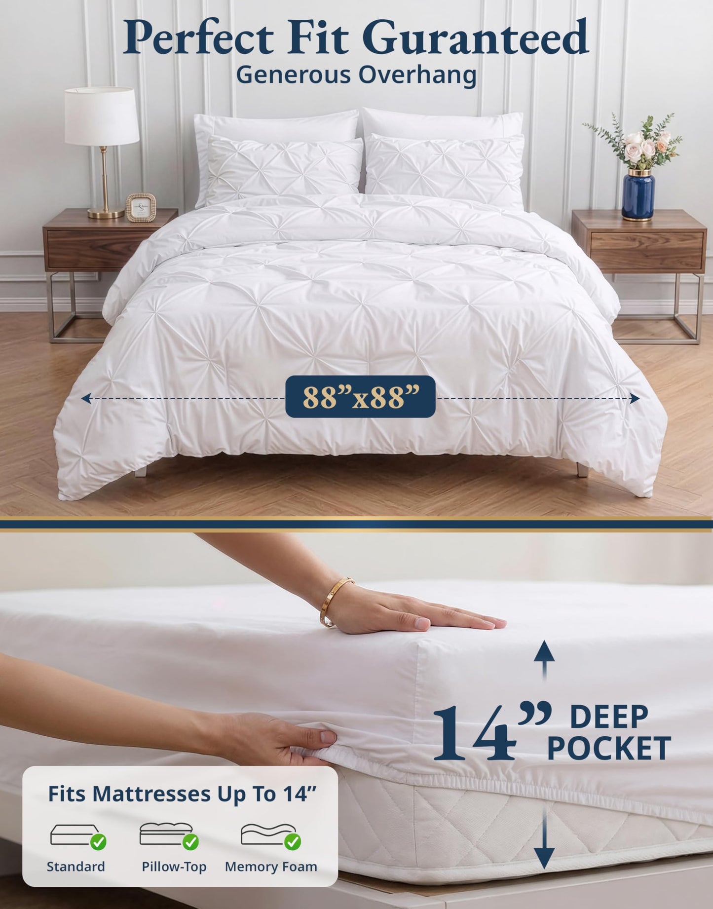 Lane Linen Queen Bed in a Bag 7 Piece - Pintuck Comforter Set with Sheets - Ultra Soft Microfiber Bedding Set, Wrinkle-Free - White