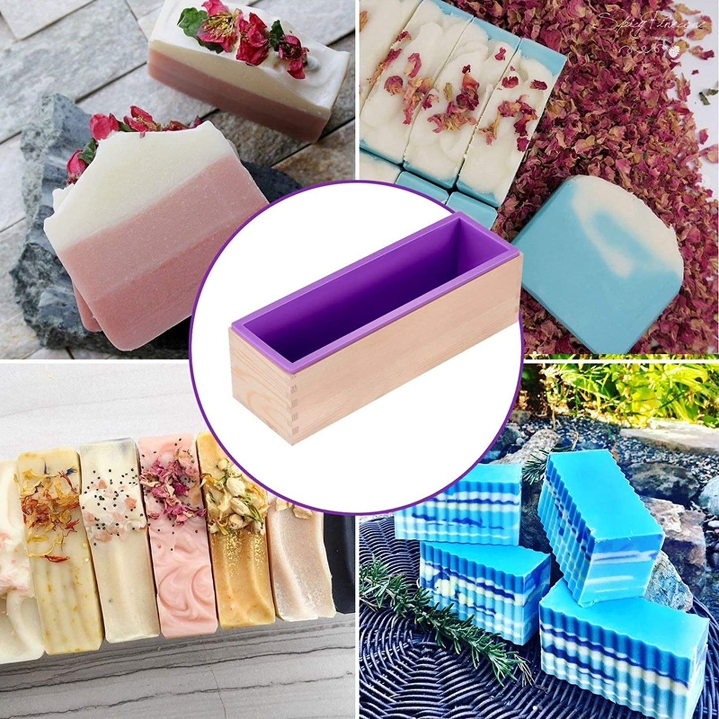 3 Pack 42oz Silicone Soap Molds, Flexible Rectangular Silicone Soap Making Tools Soap Molds Set DIY Handmade Loaf Soap Molds Kit with Wood Box For Soap Cake Candle Making(Purple)