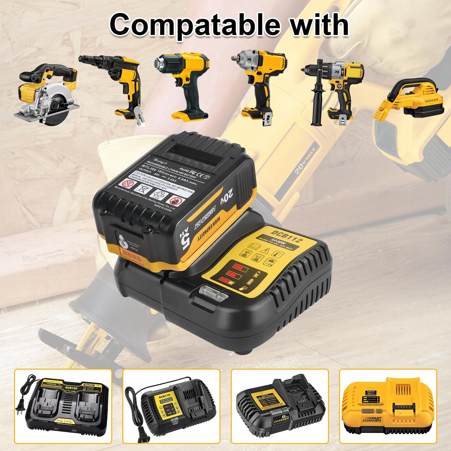 2Packs Compatible with Dewalt 20V MAX Battery 5.0Ah Lithium Replacement for DCB200 DCB201 DCB203 DCB204 DCB206 DCB208 Cordless Power Tools & Chargers DCB112 DCB115