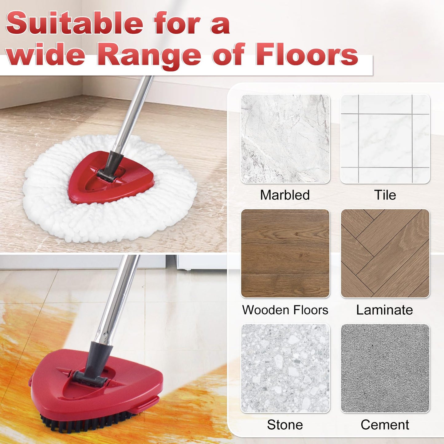 Spin Mop Head Replacement, Base, Mop Handle for Vileda EasyWring - Include 2 Microfiber Refills, 4-Section 30-59in Handle, 1 Cover and 1 Scrubber (1-Tank System)