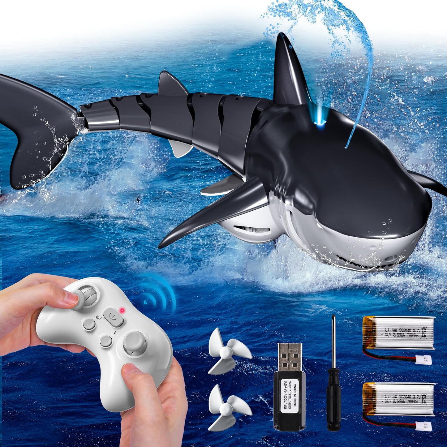 Remote Control Shark Toys for Boys Kids, 1:18 Scale High Simulation Shark for Pool, 2.4Ghz Electric RC Shark Boat Fish Toys with Light & Spray, Toy Shark Gifts for 5 6 7 8 9 Year olds Kid Boys Girls