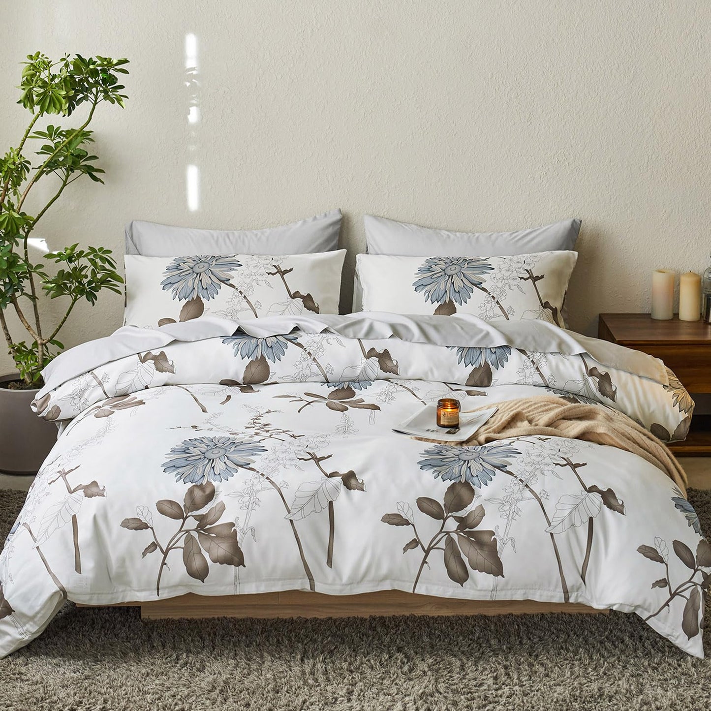 Wake In Cloud - Floral Comforter Set, Botanical Flowers Pattern Printed, Soft Microfiber Bedding (3pcs, King Size)