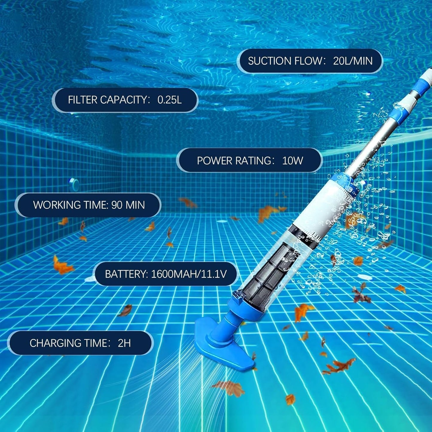 3-in-1 Cordless Rechargeable Pool Vacuum Cleaner – Handheld Design Perfect for Cleaning Spas, Hot Tubs and Small Pools, Removes Sand, Dirt and Debris with Ease