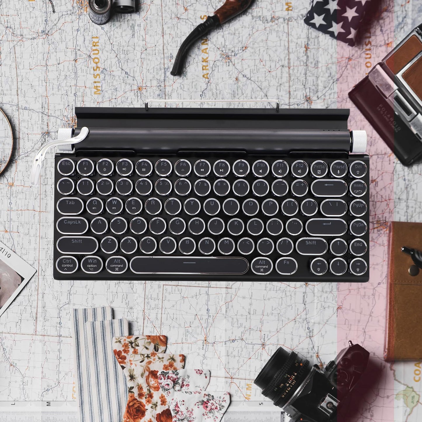 Typewriter Keyboard,Round Keycaps/White Backlit/Compact 75% Layout Keyboard for Windows/Mac/PC/Laptop (Black)