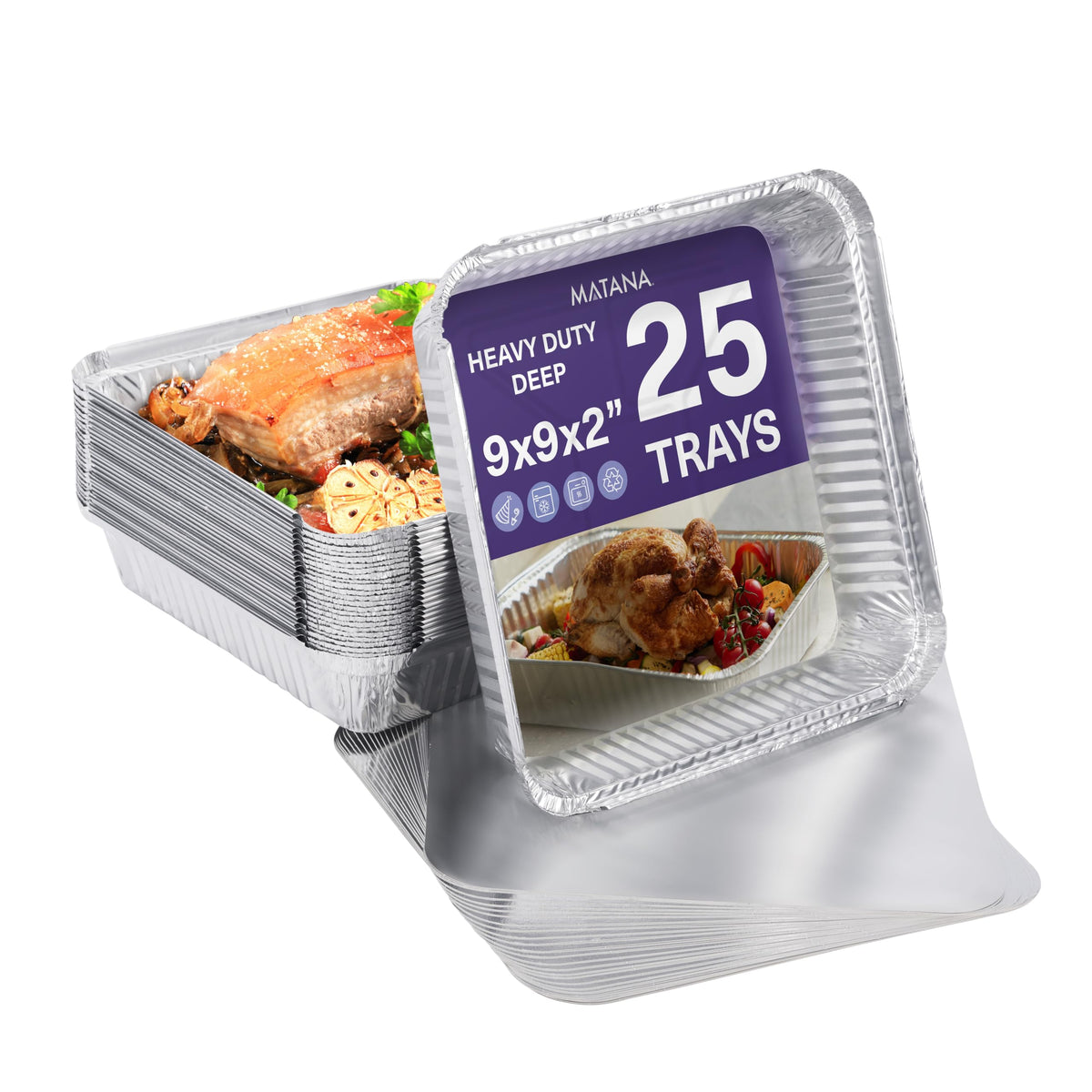 MATANA 25 Pack 9x9 Square Aluminium Foil Pans with Lids, Disposable Baking Pans, Aluminum Trays, Foil Containers for Baking, Roasting & Serving