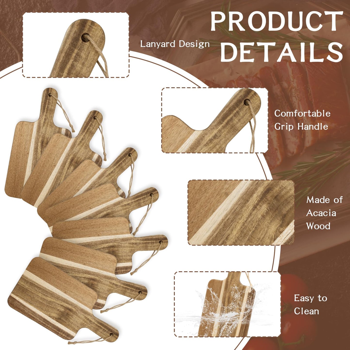 10 Pack Acacia Wood Cutting Boards Bulk,12" x 6" Small Wooden Serving Boards/Trays with Handle,Mini Charcuterie Board for Cheese, Bread, Appetizers,Kitchen,Party,Restaurant and Café