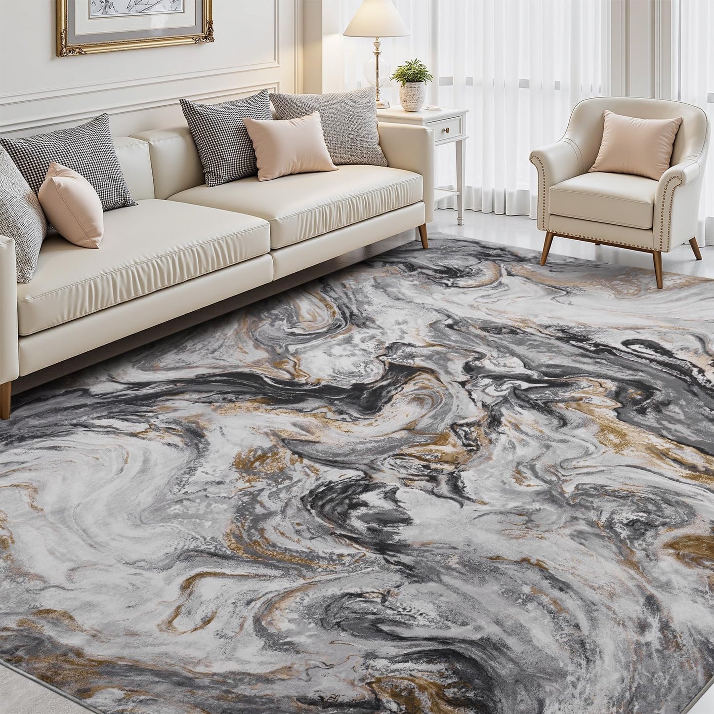 5x7 Area Rugs for Living Room, Abstract Machine Washable Non-Slip Rug for Bedroom, Low Pile Stain Resistant Carpet for Nursery Room, Pet & Kids Friendly, Black and Grey