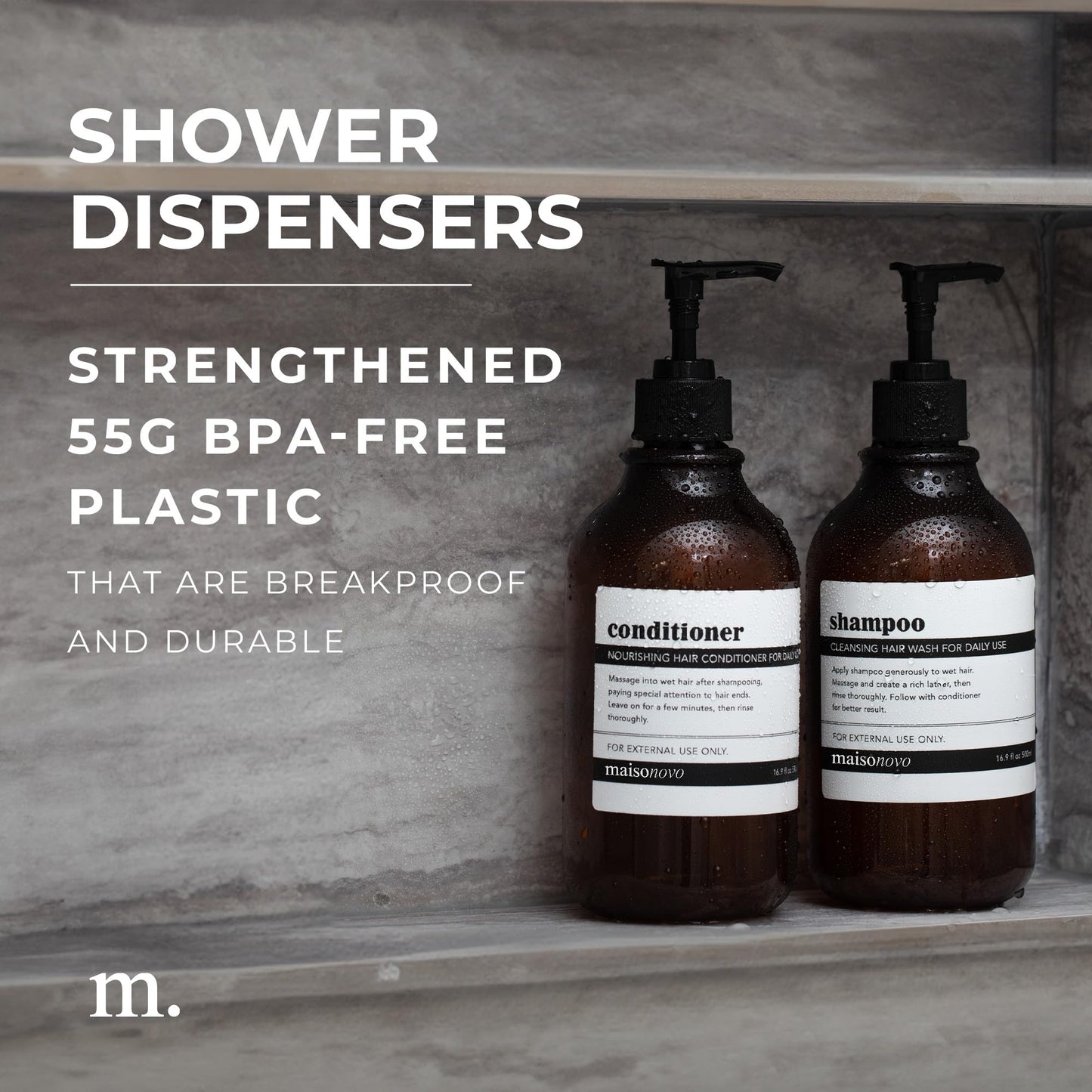 MaisoNovo Shampoo and Conditioner Dispenser Set of 3-500 ml Amber Shower Soap Dispenser with Black Pump - Luxury Shampoo Bottles Refillable for Bathroom with Waterproof Labels
