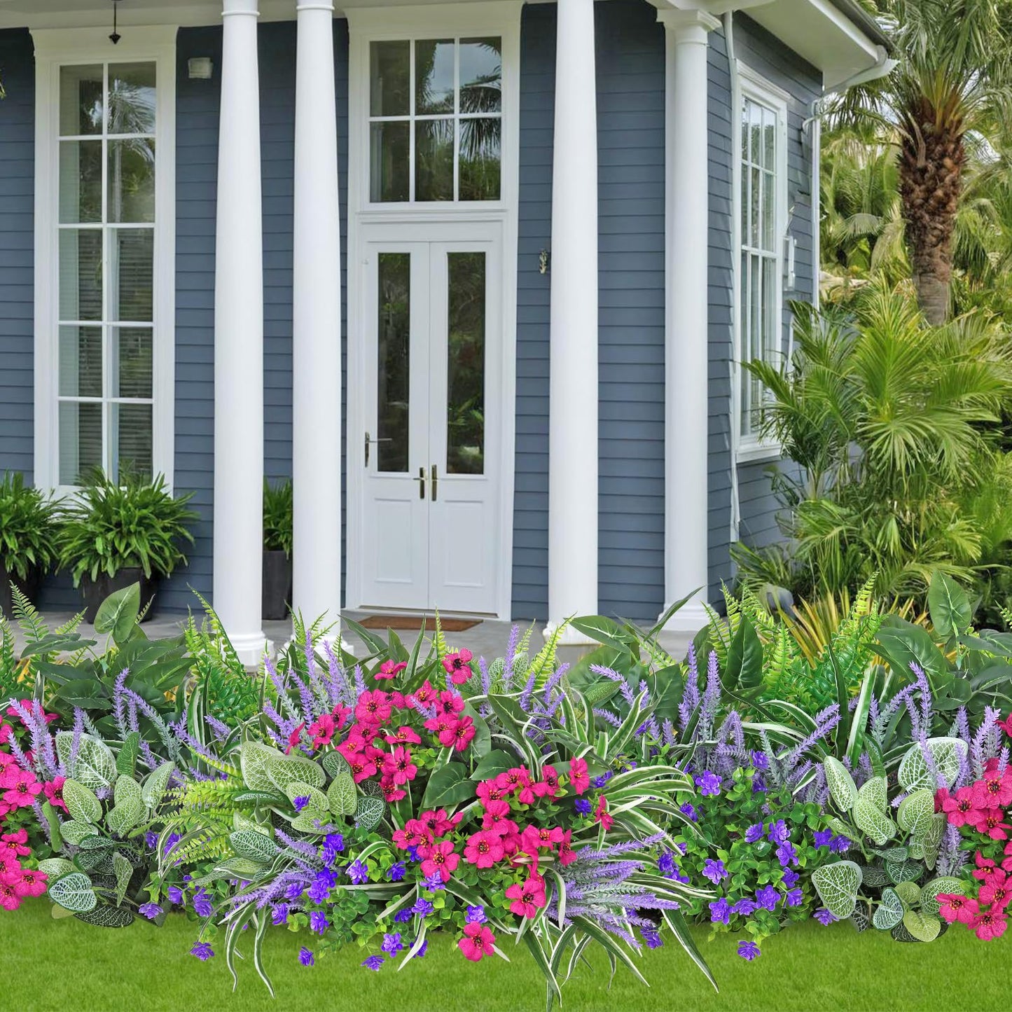 DEMIUKO 20 Bundles Artificial Plants Outdoor Fake Flowers UV Resistant Faux Greenery Stems Fake Ferns Shrubs Plastic Plants for Garden Patio Porch Yard Window Box Home Summer Decor