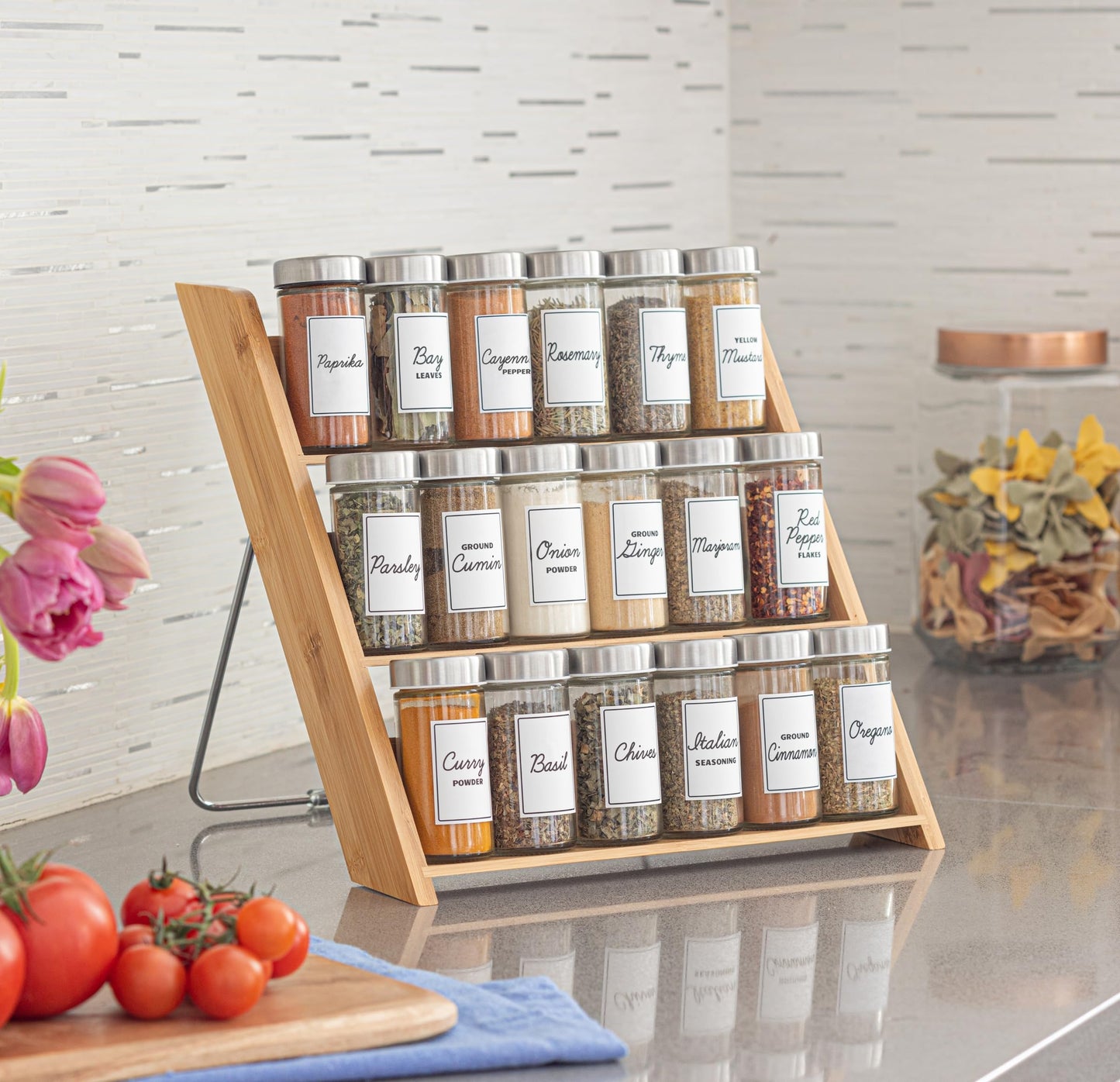 Orii 18 Jar Bamboo Compact Spice Organizer for Countertop and Kitchen Drawer, Filled with Spices