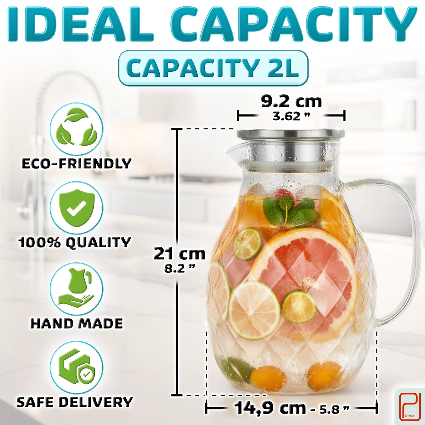 Glass Pitcher with Lid and Spout - 2 Litre / 68 oz - Borosilicate Glass Water Pitcher with Handle - Clear Beverage Container - Carafe for Hot/Cold Drinks - Iced Tea & Juice Server - by PJC-Kitchen