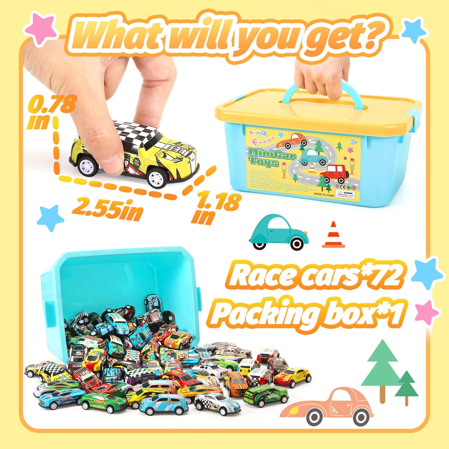 SevenQ Toy Cars Party Favors for Kids, 72Pcs Pull Back Cars Playsets with Storage Box, Mini Toys Race Cars for Boys Girls Toddler Bulk Toy, Goodie Bags Stuffers Carnival Prizes Rewards Fidget Toys