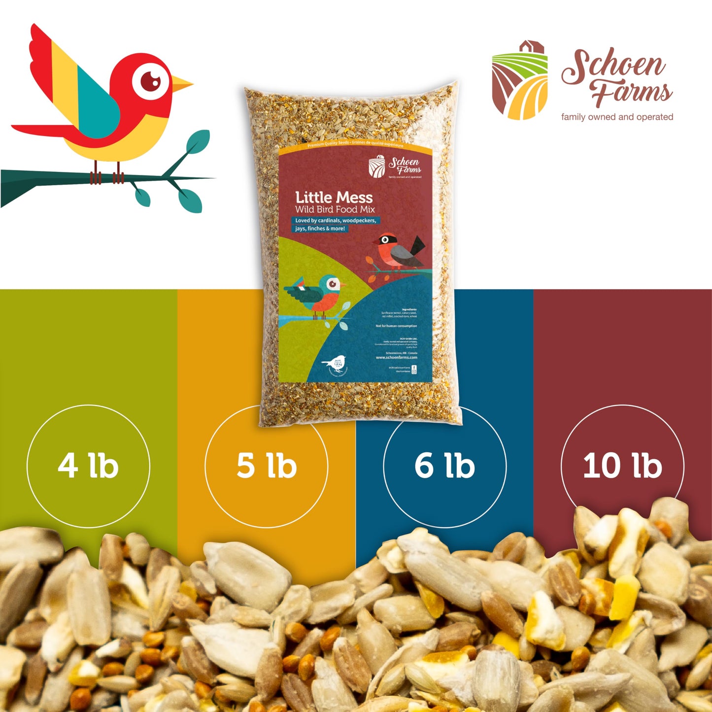 Schoen Farms Little Mess Wild Bird Food Mix – 4.54 kg Bag – Clean, No-Waste Seed Blend for Finches, Jays & Cardinals – with Sunflower Hearts & Millet – Canadian Grown
