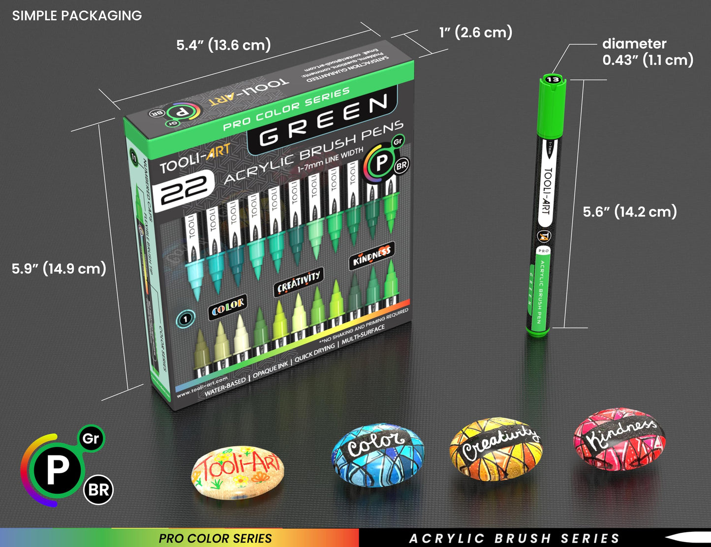 22 Flexible Brush Tip Green Tones Acrylic Paint Pens Markers Set 1-7mm Line for Rock Painting, Brush Lettering, Glass, Mugs, Wood, Metal, Canvas, Fabric, Plastic. Non Toxic Waterbased Quick Drying