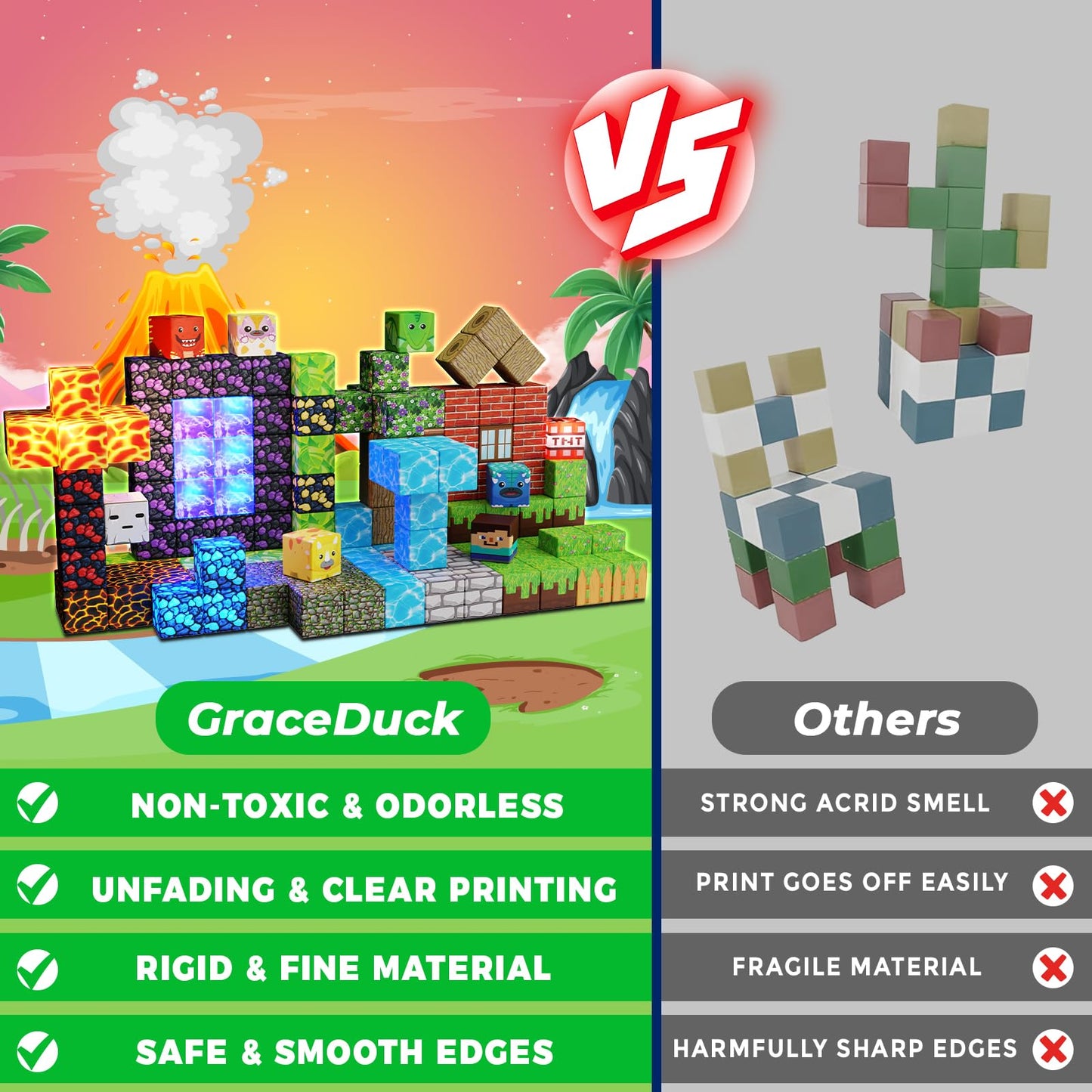 GraceDuck Magnetic Blocks with LED Light 150 PCS Build Dinosaur Volcano Forest Castle, Magnetic Building Blocks Stacking Cubes Sensory Toys for Kids Gifts for 3 4 5 6 7 8 9 10 12 Year Old Boys Girls