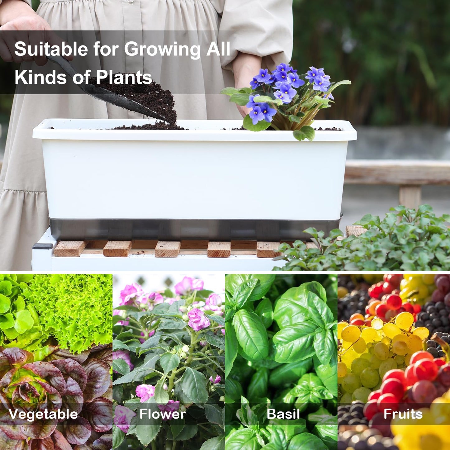 Self-Watering Planters with Drainage Holes & Trays, 8 Pcs 17 Inch Rectangle Window Box, Indoor Outdoor Flower Pots for Garden, Balcony, Patio (White, 17 x 7 x 6 Inch)