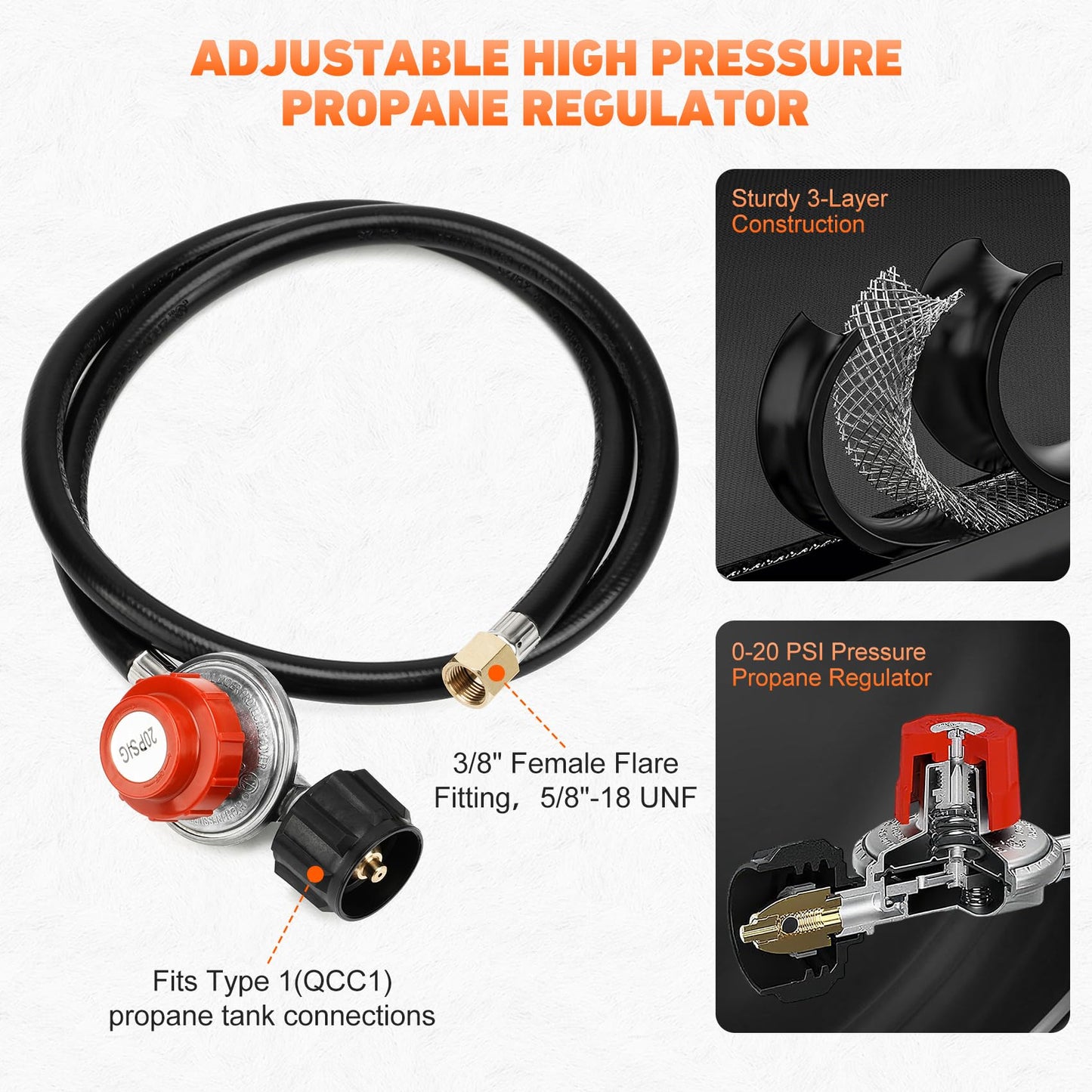 onlyfire High Pressure Propane Cast-Iron Replacement Burner, 0-20PSI Adjustable Pressure Propane Regulator with 4FT Hose and Brass Fitting Propane Burner Head for Cooking Outdoor