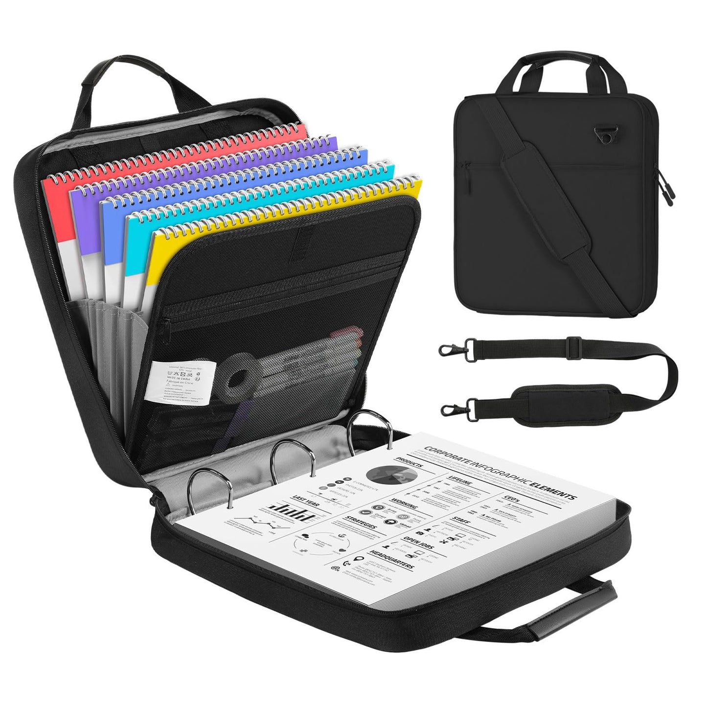 MoKo Zipper Binder, 3 Inch 3 Ring Binder with 5-Tab Expanding File, 700 Sheets Capacity & Shoulder Strap & Handle, Multi-Pocket Zipper Organizer for Middle School, Black