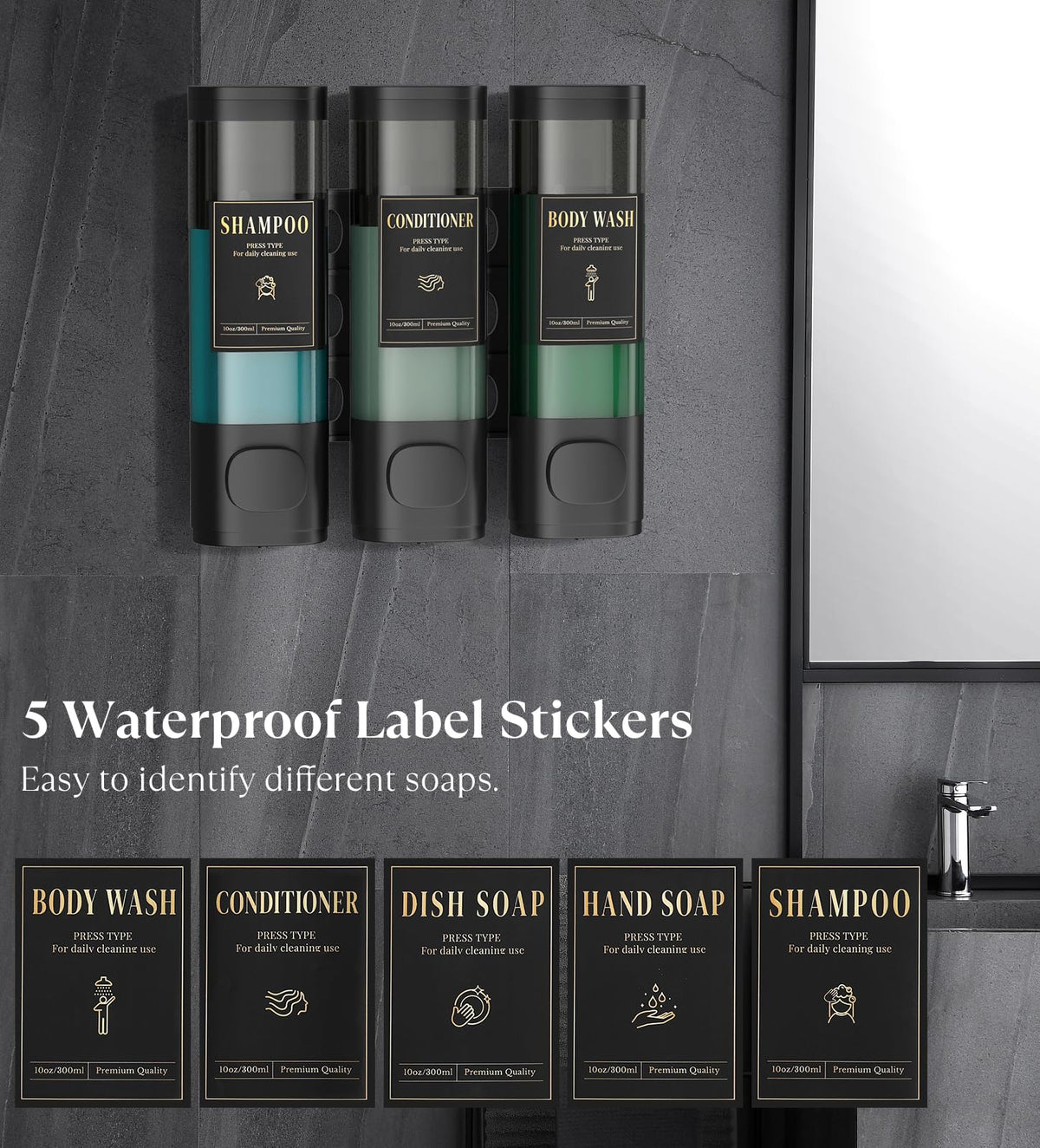 Luxspire Shampoo and Conditioner Dispenser, No Drill Wall Mounted Shower Soap Dispenser 3 Chamber with Waterproof Labels, Easy Refill Soap Dispenser for Bathroom Hotel Kitchen, Black