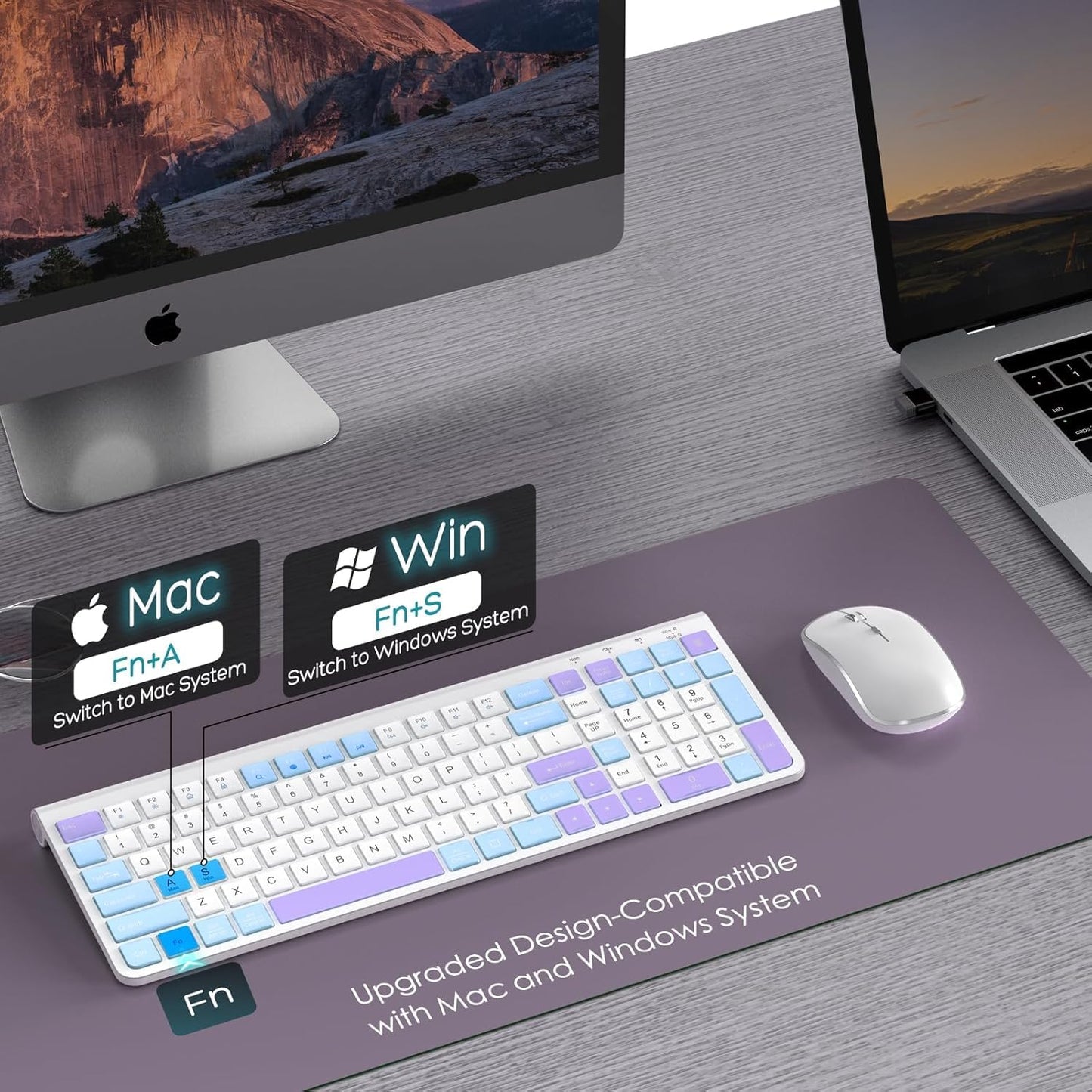 JOYACCESS Wireless Keyboard and Mouse,Ergonomic Keyboard Wireless,Dustproof and Portable,Number Keypad, Adjustable DPI Computer Keyboard Mouse for Laptop,PC, Windows- Purple Blue