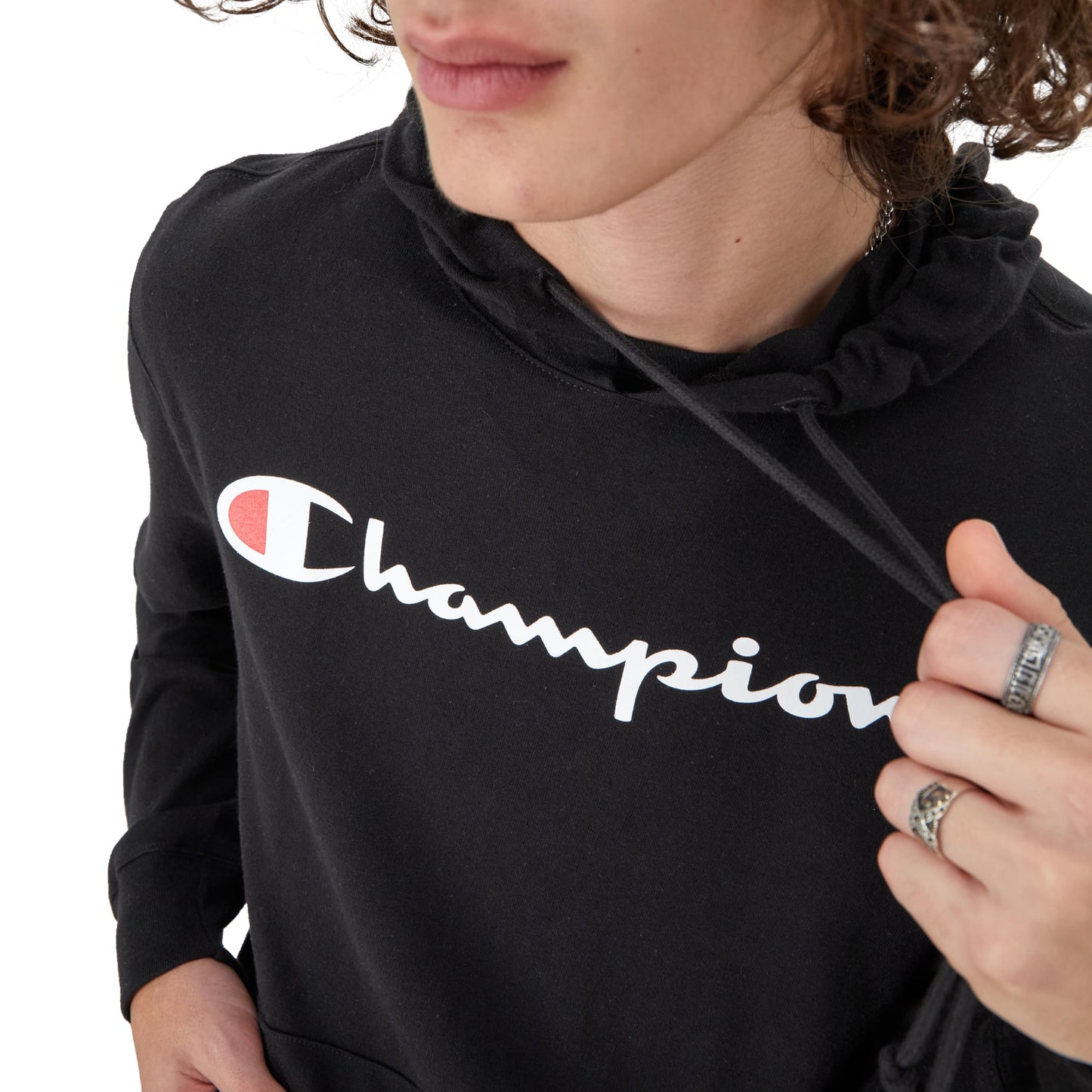 Champion Mens Long Sleeve T-Shirt Hoodie, Script Logo Jacket, Black-549921, Large US