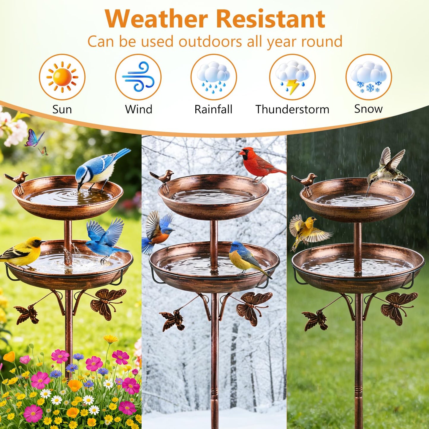 2 in 1 Bird Bath for Outside, 42In Tall Free Standing Birdbaths Outdoor, Metal Bird Feeder Bowls for Garden Lawn Decor, Antique Bronze