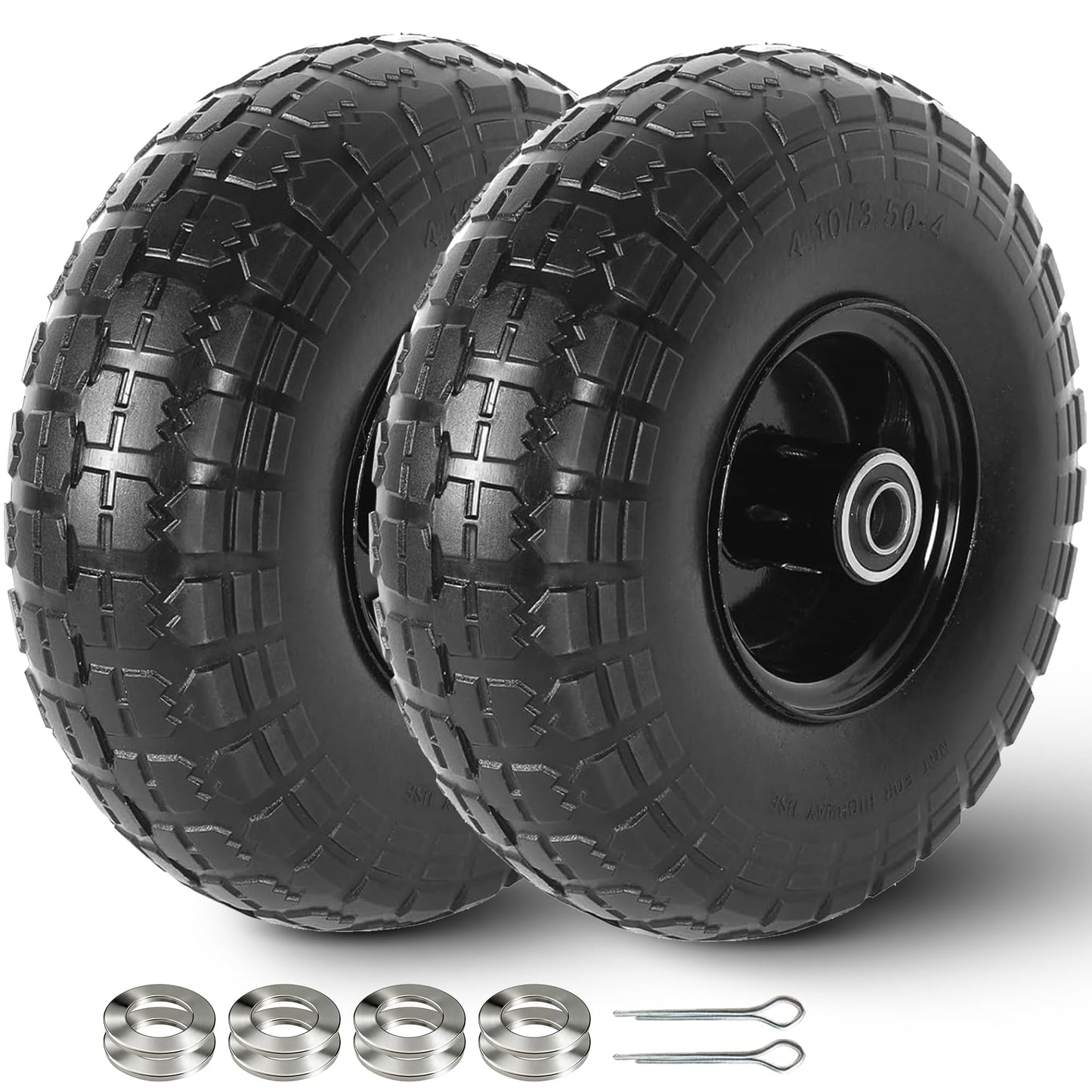 AR-PRO (2 Pack) 4.10/3.50-4 Flat Free Tire and Wheel, 10-Inches Solid Tires for Wheelbarrow, Dolly, Hand Truck, Wagon, Garden Cart, Generator Wheels Replacement - 5/8" Bearings, 2.2" Offset Hub