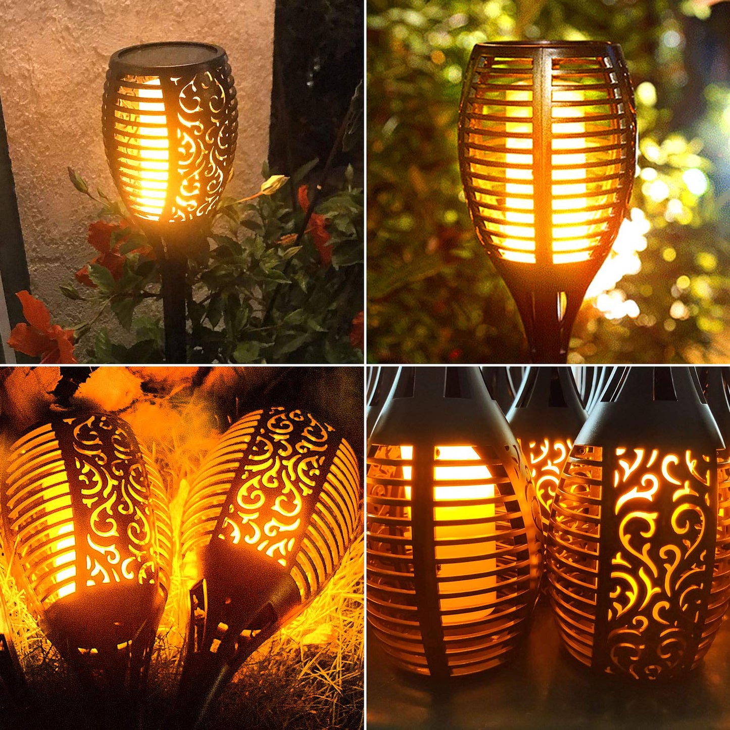 LazyBuddy 8 Pack Large Solar Tiki Torches Outdoor Waterproof - Realistic Flickering Flame 3-in-1 Hanging Lantern with Detachable Hook - All-Weather Canadian Garden, Pathway & Halloween Lights