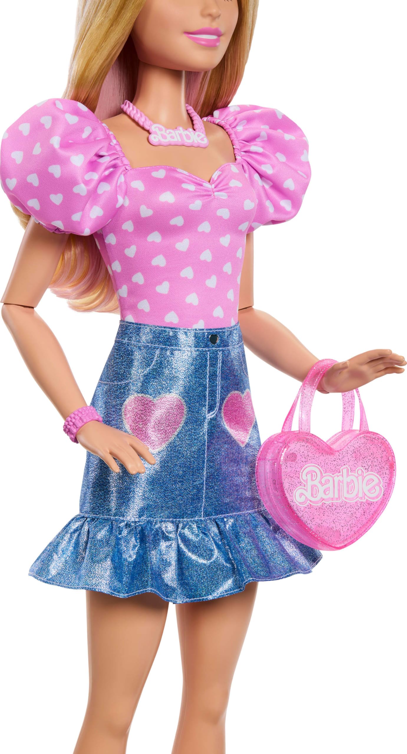 Barbie 28-in Blonde Fashion Doll with Removable Fashions, Pink Top, Denim Skirt, & Cowboy Boots, Necklace and Purse Accessory