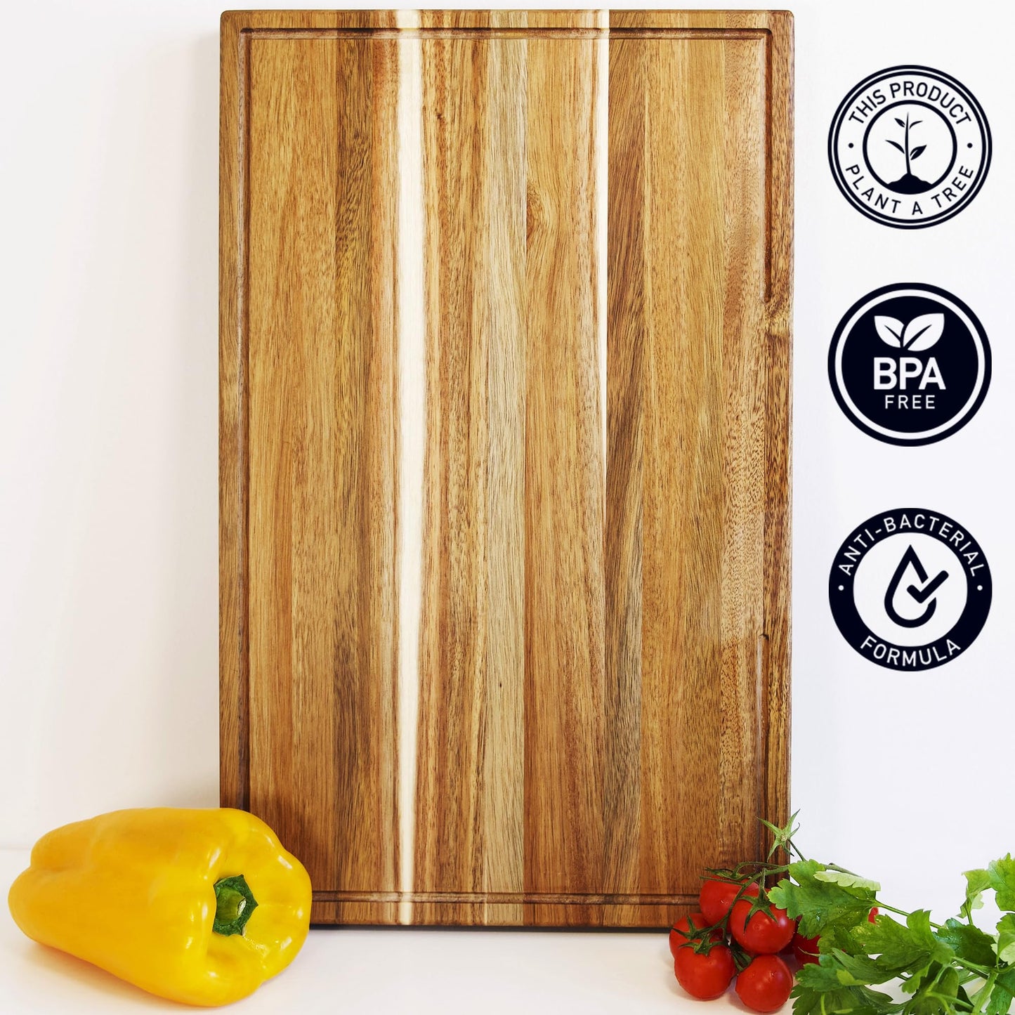 Acacia Wood Cutting Board, 15.7 x 10.2 Inch (ExtraThick 1.6") Heavy Duty Edge Grain Wooden Chopping Board with Juice Groove & Handles. Hardwood Butcher Block & Charcuterie (Oil & Plate Included)