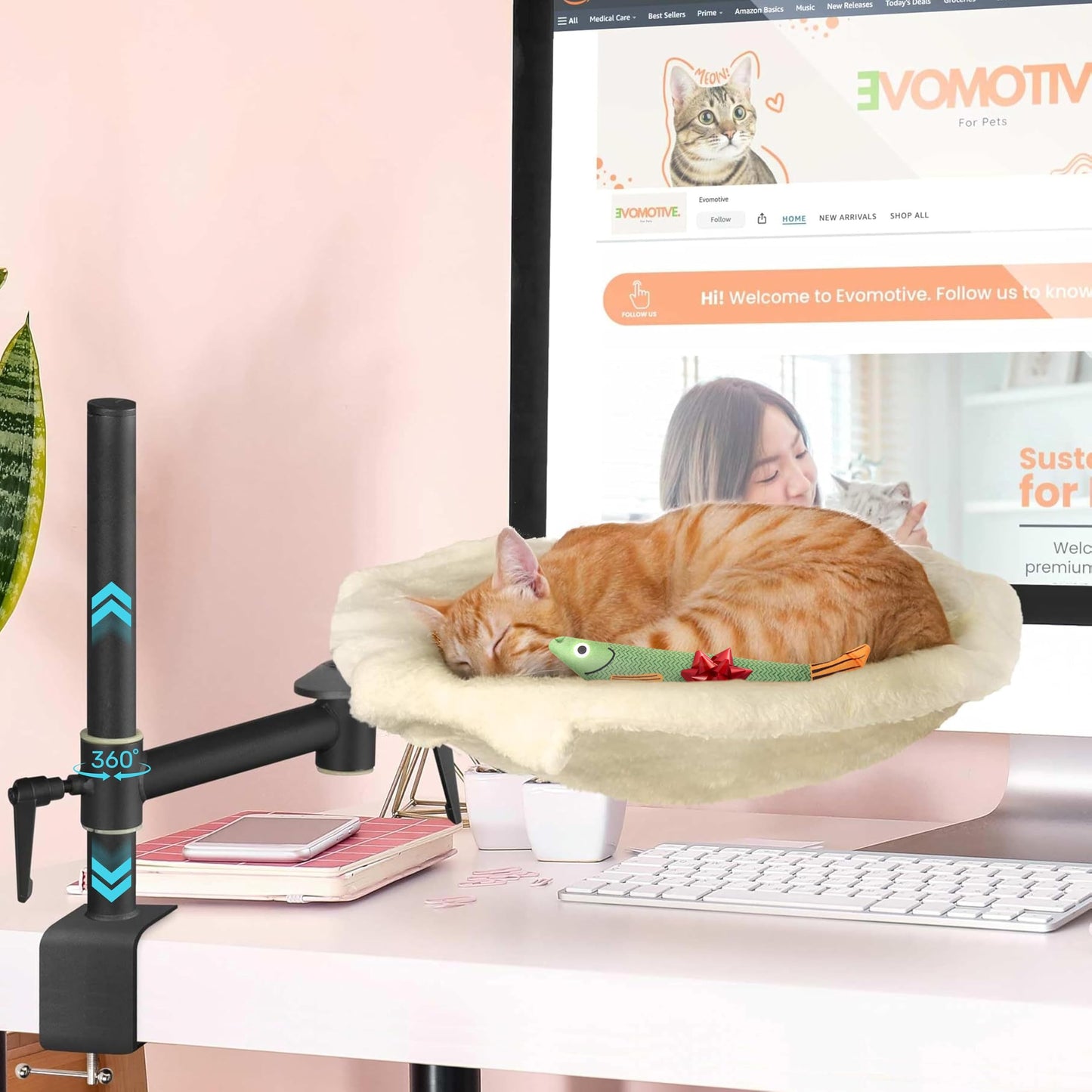 EVOMOTIVE Deskside Dreamer - Cat Desk Perch, [+ Catnip Fish Toy], Comes with [2 Washable Fabrics]: Mesh and Plush, 360° Rotating & Height Adjustable [Beige]. Max Weight 35LBS