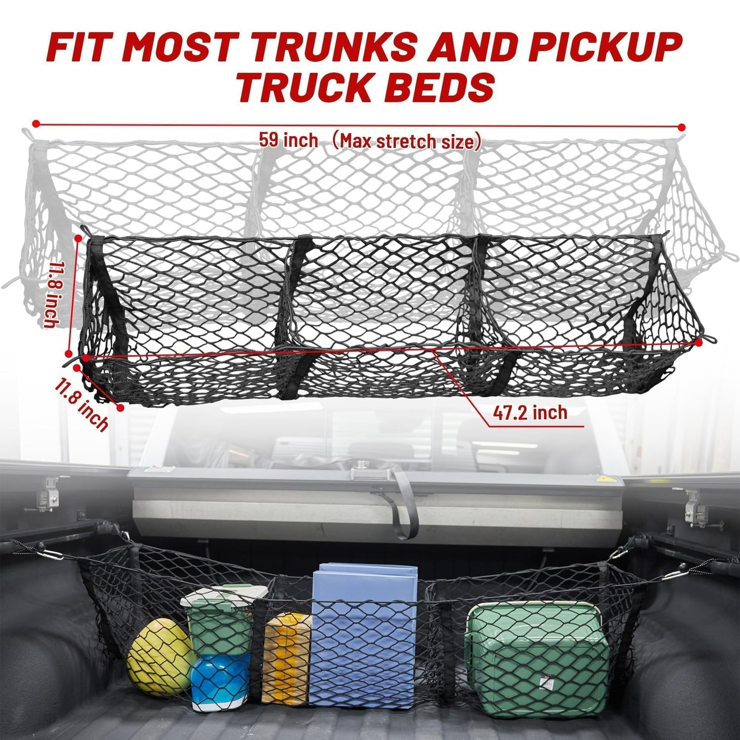 RED WOLF 3 Pockets Cargo Net for Pickup Trunk Ford Dodge Chevy GMC Trunk Bed Storage Organizer Stretchable Rear Cargo Storage Mesh Netting (47.2X 11.8X 11.8 Inch)