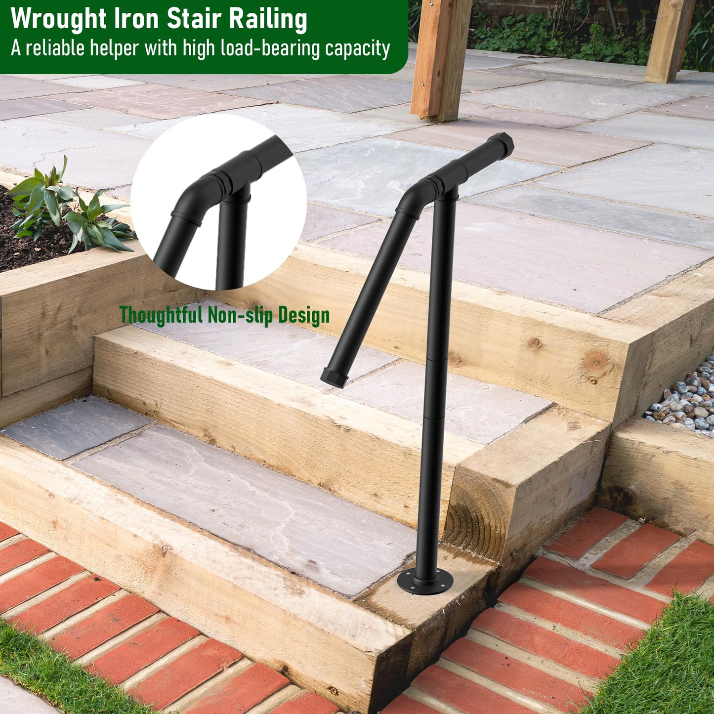 smusei Single Post Outdoor Step Handrail, Black Wrought Iron, Powder Coated, Modern Style, 105cm/47in or 85cm/33in Height, Fits 1-2 Steps, Easy to Install & Clean