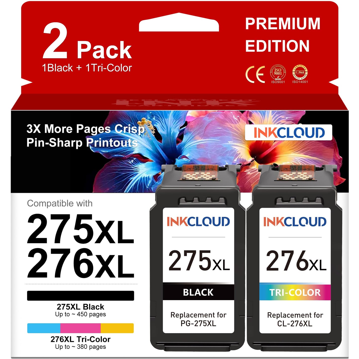 INKCLOUD 275XL 276XL Ink Cartridge Compatible with Canon 275XL and 276XL Printer Ink Combo for Canon PIXMA TS3522 TR4720 TS3520 TR4722 TR4700 Printer(Black Color, 2 Pack)