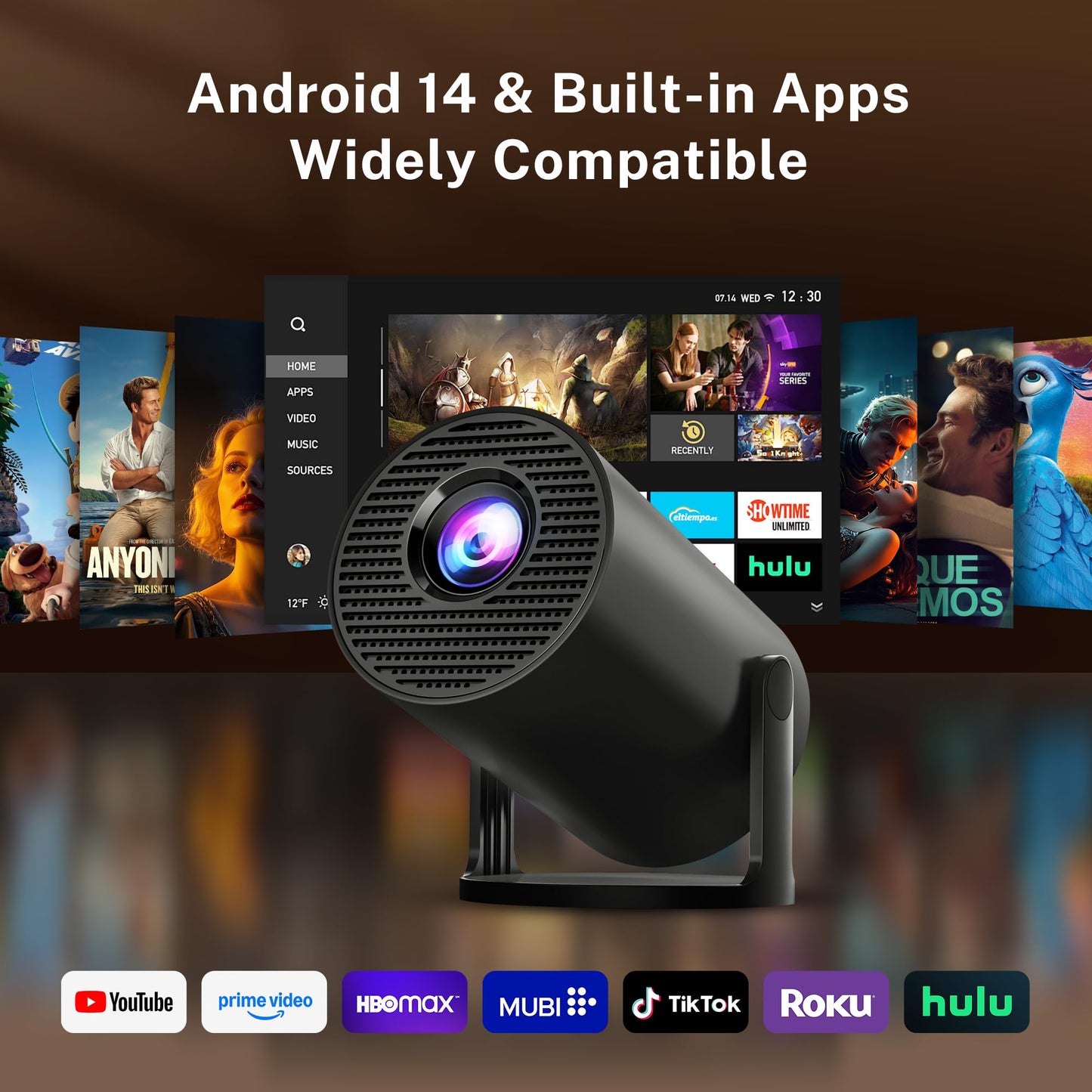 [Built-in Apps & 2026 Upgraded] WEMI Mini Portable Projector Mini Projecteur Portatif with WiFi 6 and Bluetooth 5.4 for Bedroom Smart Movie for iPhone Cell Phone Android OptiBarrel 500