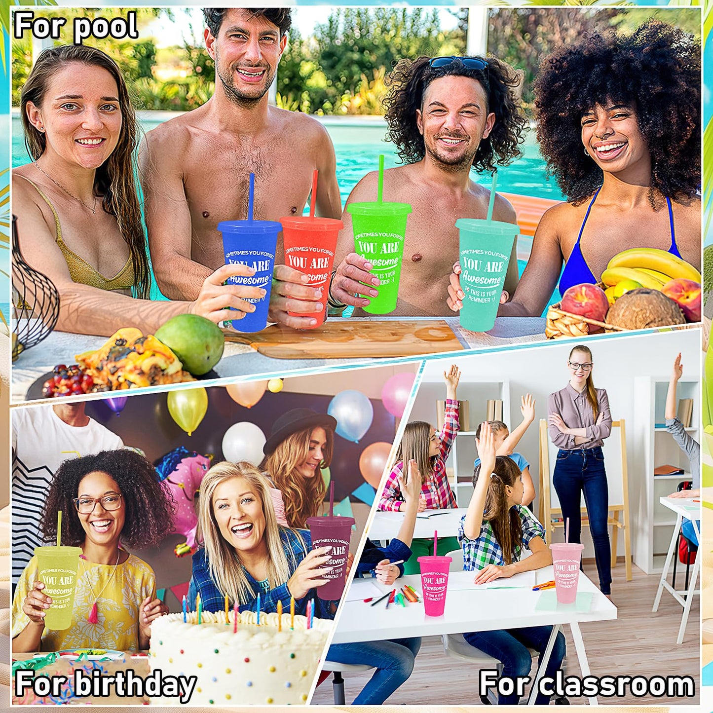 60 Pack Thank You Gifts You are Awesome Coffee Mug 24 oz Plastic Tumblers with Lids and Straw Inspirational Reusable Tumblers Appreciation Gift for Coworker Teacher Colleague Employee