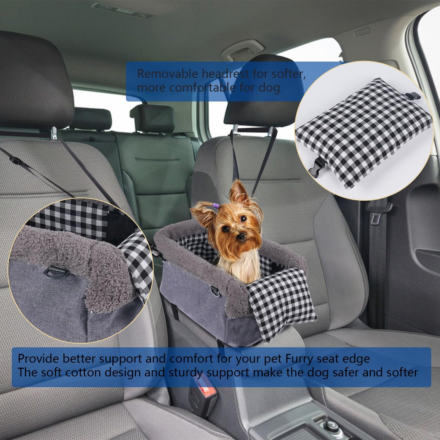 Console Small Dog Car Seat, Metal Frame Support Pet Car Seat, Soft Padded Upgraded Pet Portable Safety Booster Seat with Removable Headrest, Small Dog Car Console Safety Seat (Dark Gray)