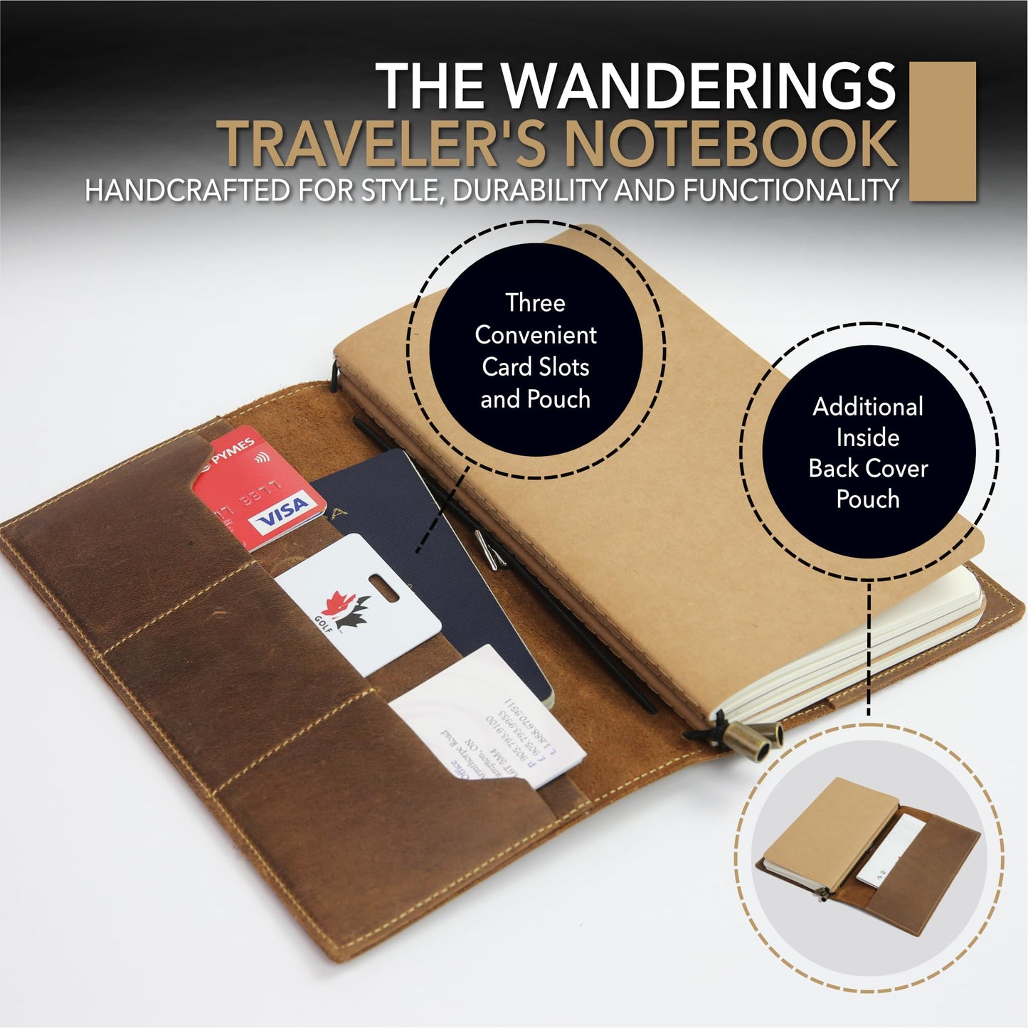 Wanderings Leather Travel Journal with Pockets -4.75" x 8.5" (12 x 22cm) - Refillable Notebook Organizer - Hand-Crafted Genuine Leather Notebook with Pockets for Travelers - Blank Inserts