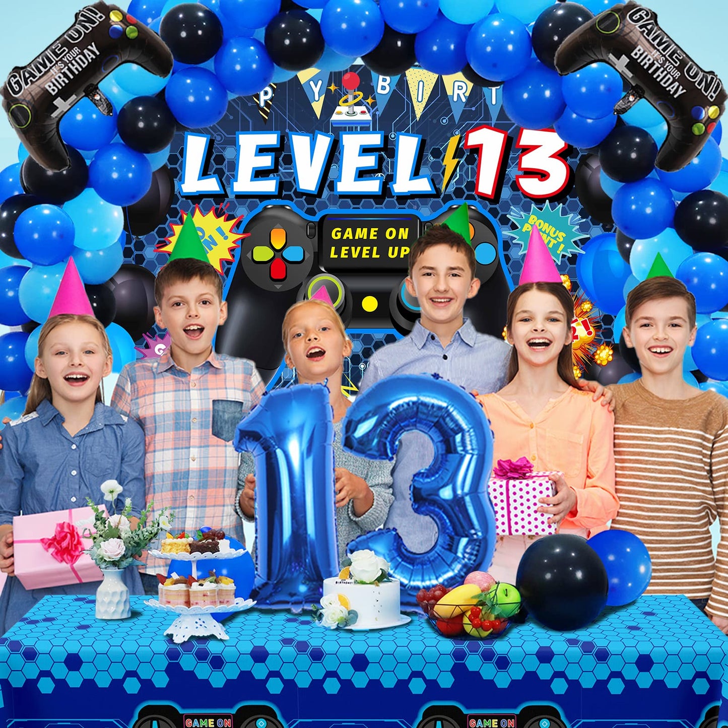 Vlipoeasn 90PCS 13th Birthday Video Game Party Decorations for Boys Set Blue 13th Birthday Supplies-13th Video Game Backdrop, Balloons, Tablecloth, Gamer and 13 Foil Balloons for 13 Years Old