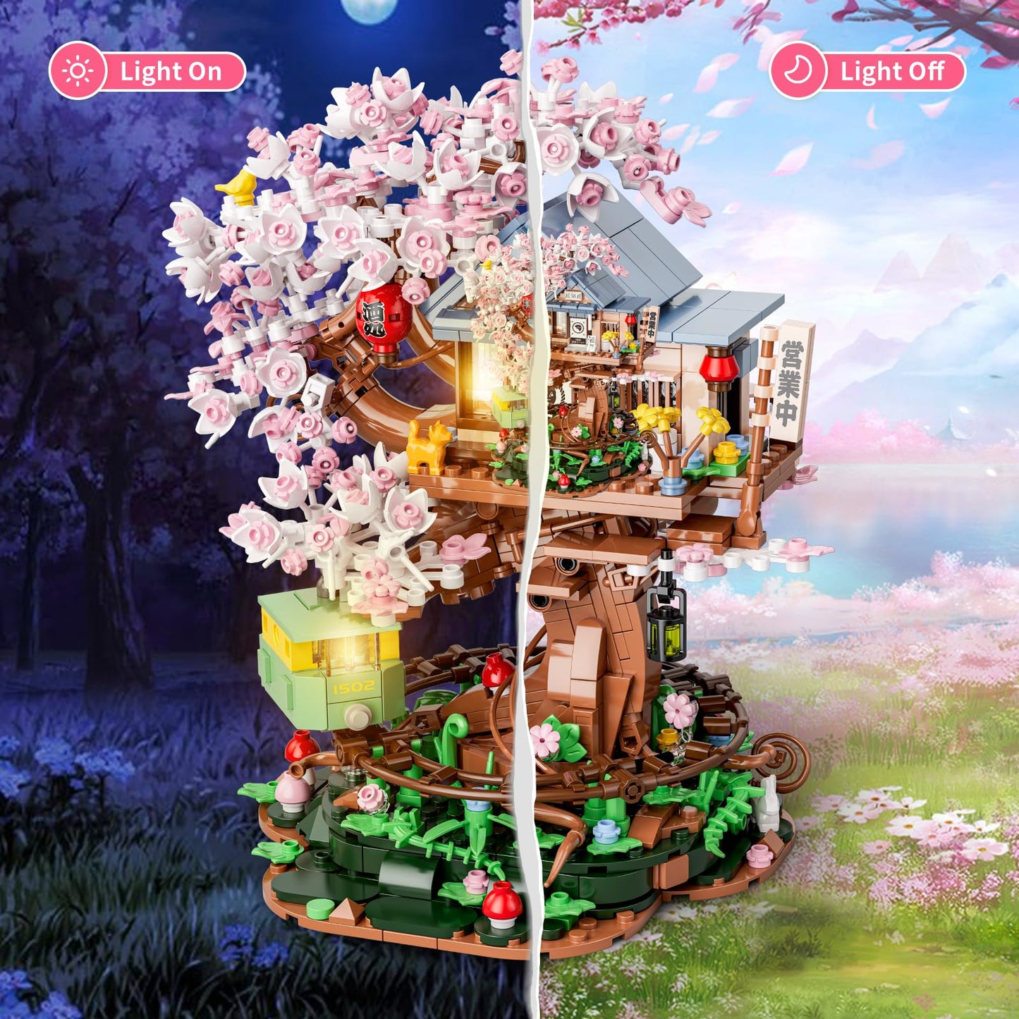 Cherry Blossom Treehouse Building Set for Girls 8-12, Compatible with Lego Friends, Flowers House Japanese Izakaya Shop Architecture Building Blocks Toy with Light for Adults, Gift for Kids (1098 PCS)