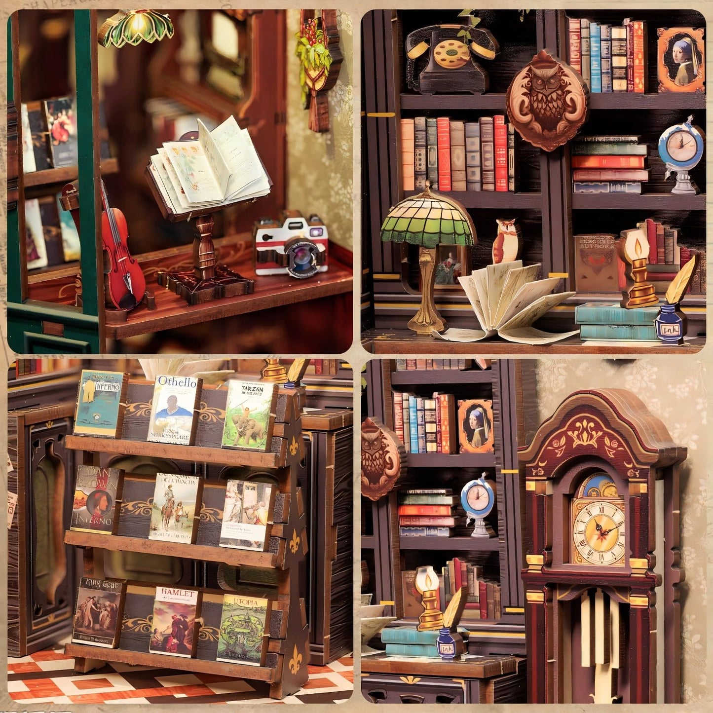 Fsolis Book Nook Kit, DIY Miniature House Kit for Adults Tiny House Mini Bookshelf Diorama Building Kit 3D Wooden Puzzle for Adults Bookish Gifts for Women Book Lovers Readers (OWL Bookstore)