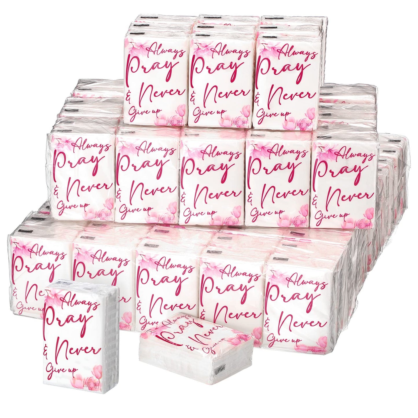 Spiareal 100 Pack Christian Travel Tissues Bulk 3 Ply Mini Bible Verse Individual Pocket Tissue Packs Travel Size Always Pray Never Give up Christian Gift for Wedding Party Homeless Gift Daily Use