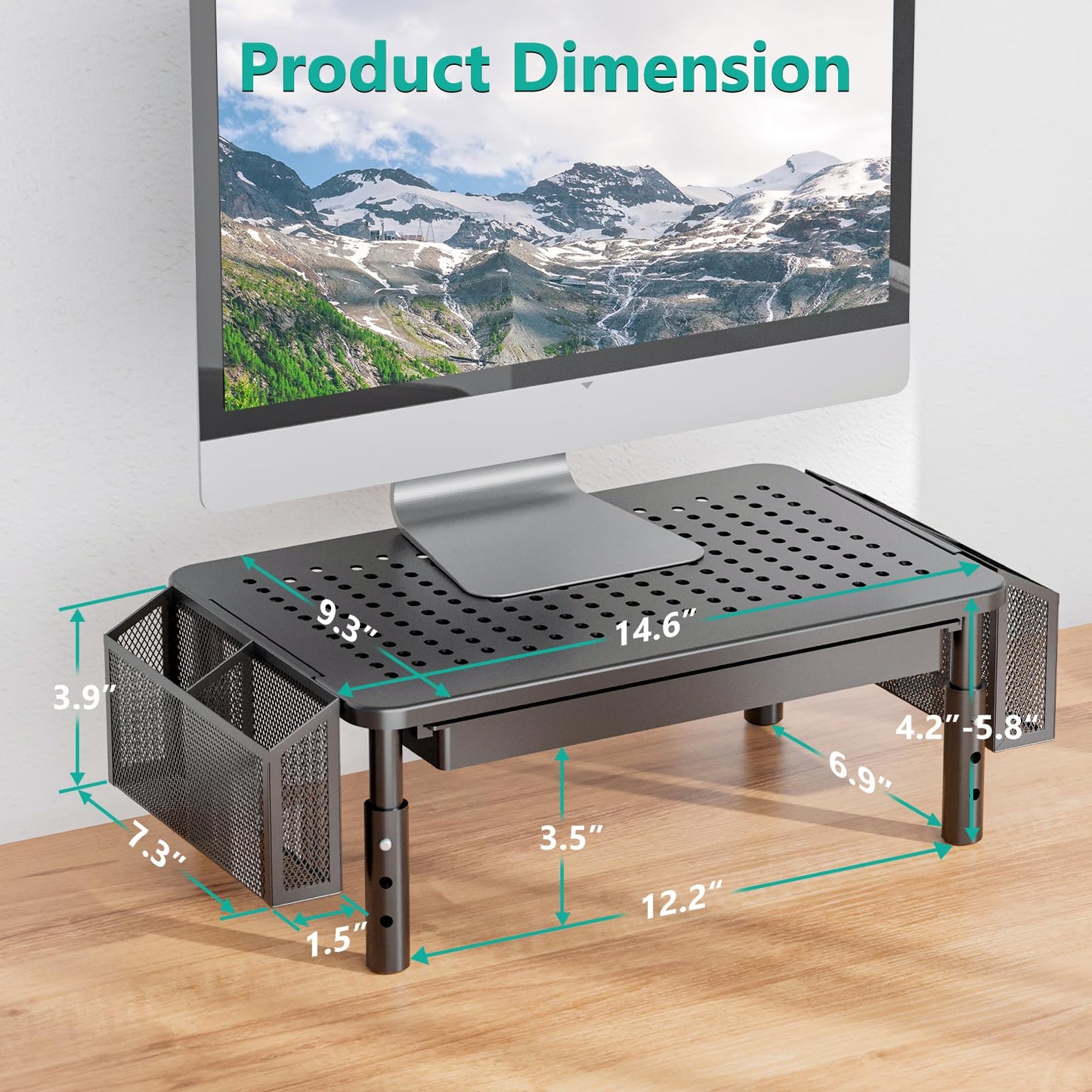 WALI Computer Monitor Stand with Storage, Desk Organizer with Drawer and Pen Holder, Desk Monitor Riser 3 Height Adjustable, Laptop Riser for Computer, Laptop, Printer (STT003DH-B), 1 Pack, Black