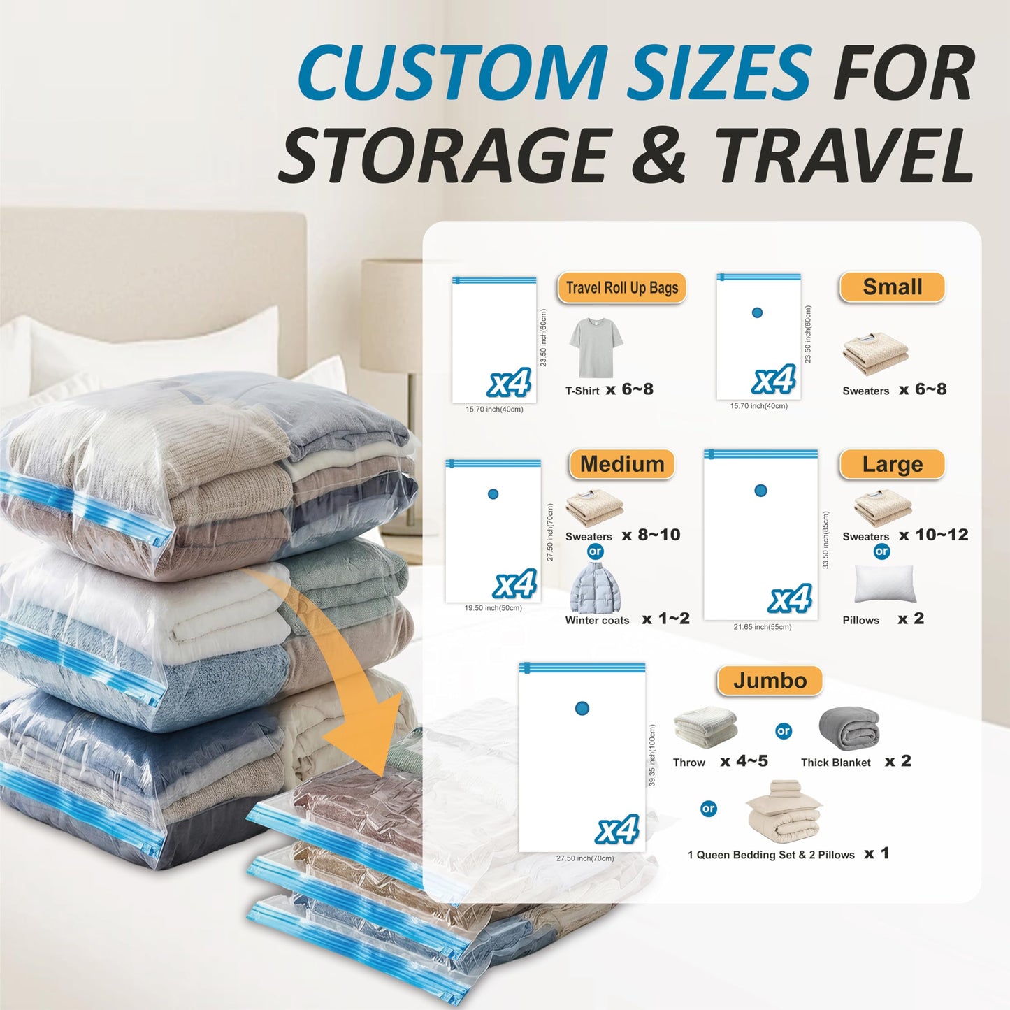 20 Pack Vacuum Storage Bags, Space Saver Bags (4 Jumbo/4 Large/4 Medium/4 Small/4 Roll) Compression Storage Bags for Comforters and Blankets, Vacuum Sealer Bags for Clothes Storage, Hand Pump Included