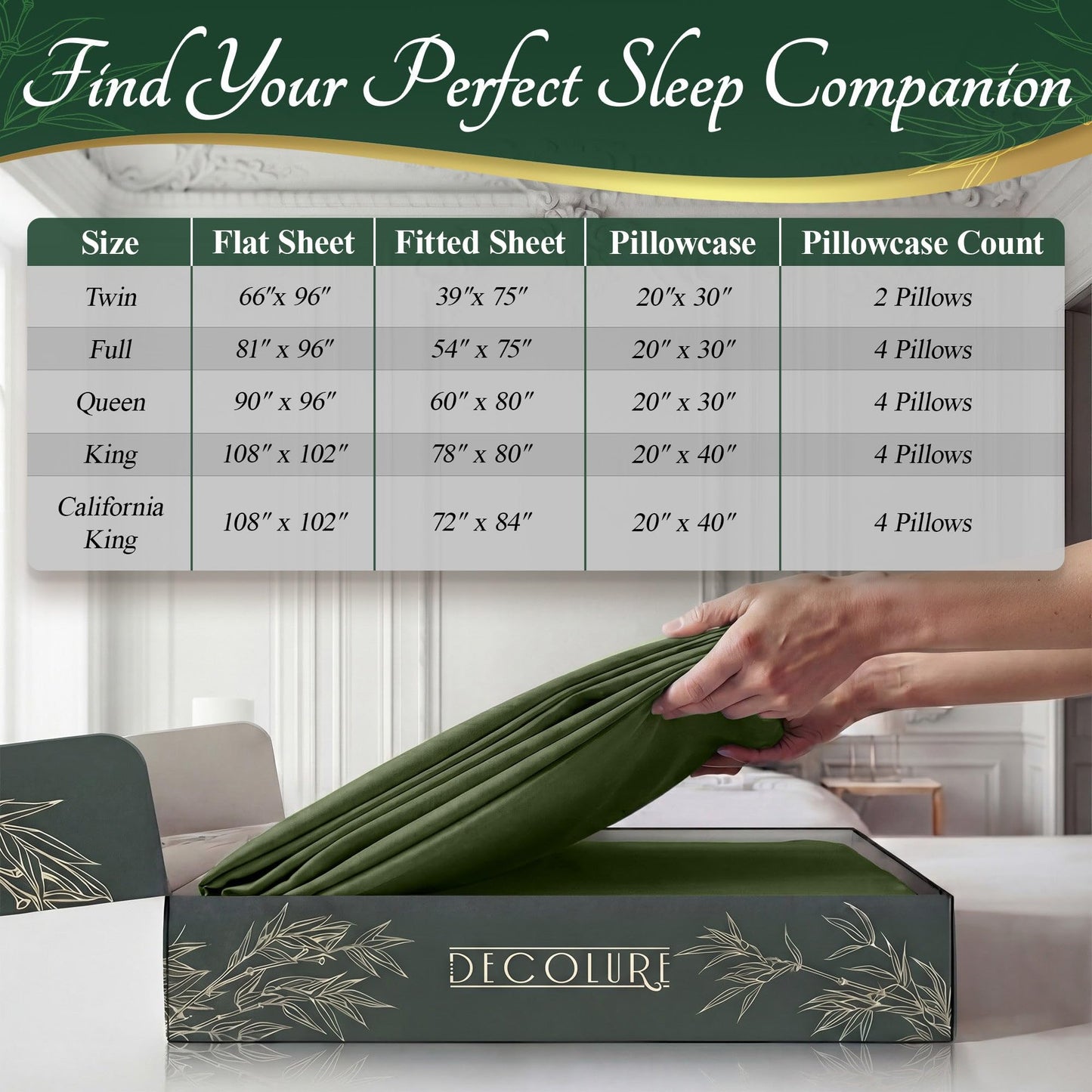 DECOLURE 100% Organic Viscose Derived from Bamboo Sheets Full Size 6pcs - Ultra Soft & Luxuriously Cooling, 17" Deep Pocket, Double Stitching, Perfect for Hot Sleepers - Full Bed Sheets (Olive)