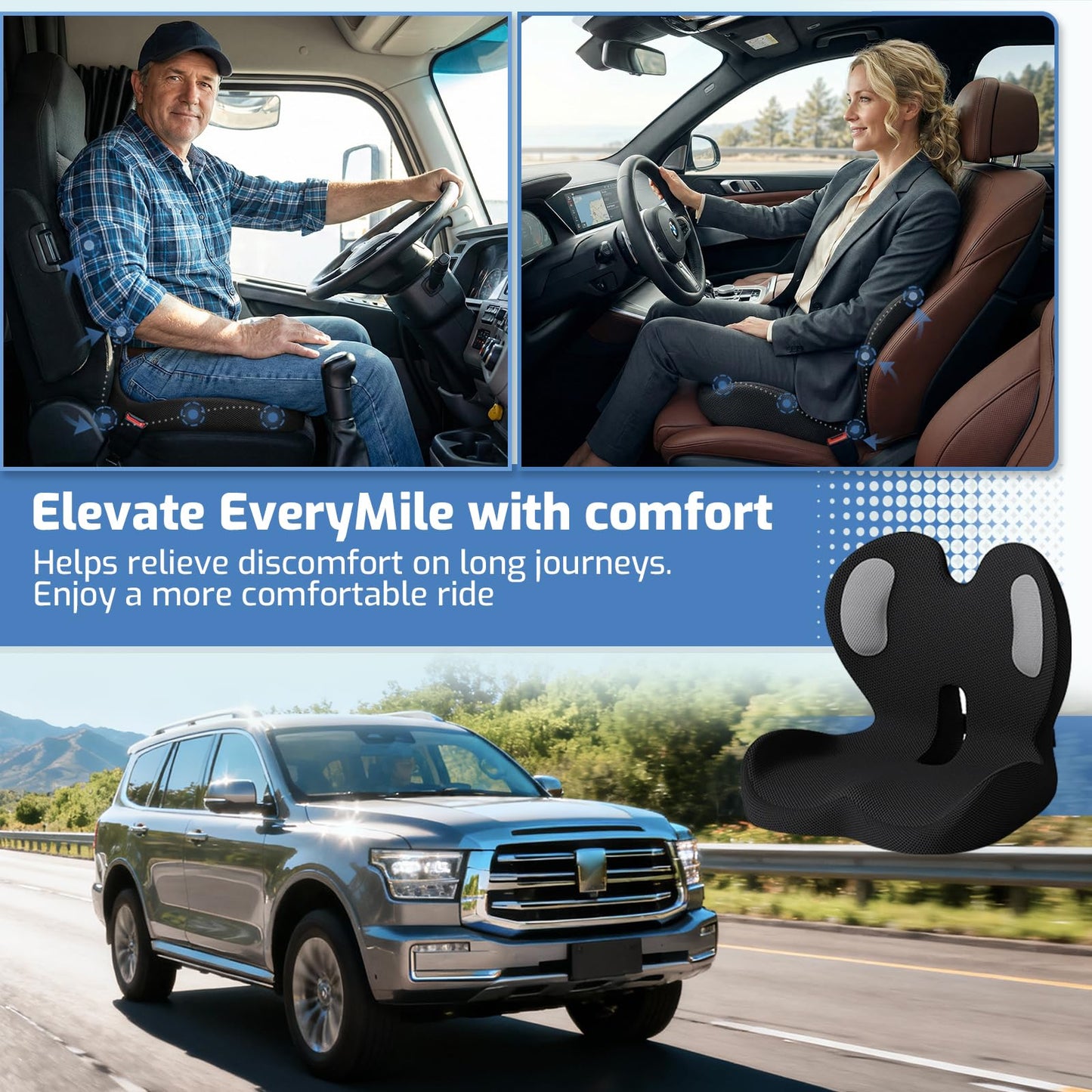 ECONVCE Memory Foam Seat Cushion,Car Chair Cushion with Lumbar Support,Ergonomic Seat Cushion for Sciatica,Back Pressure Pain Relief for Office,Car,Truck